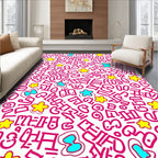 Whimsical Pink Cartoonish Elements And Flowers Rug