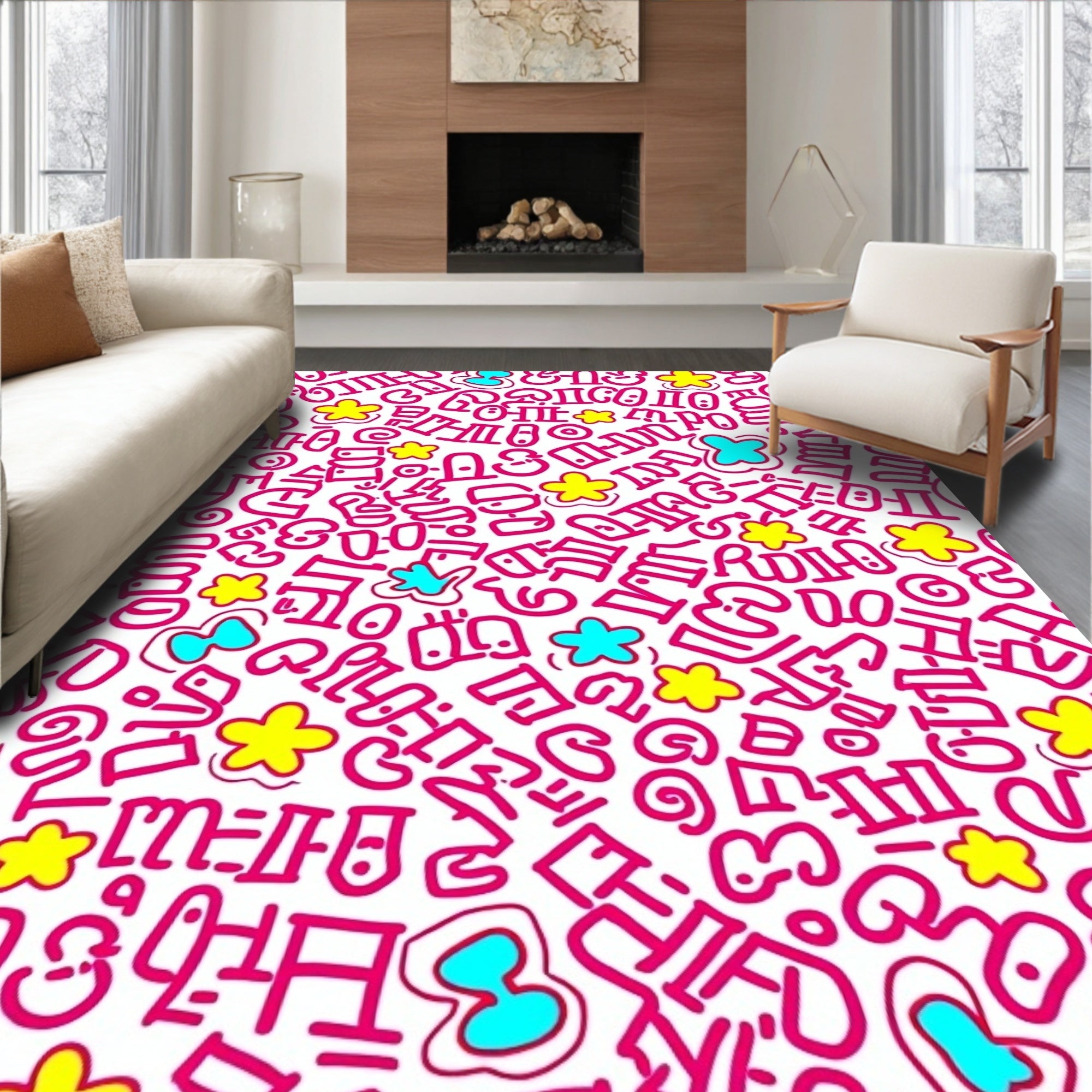 Whimsical Pink Cartoonish Elements And Flowers Rug