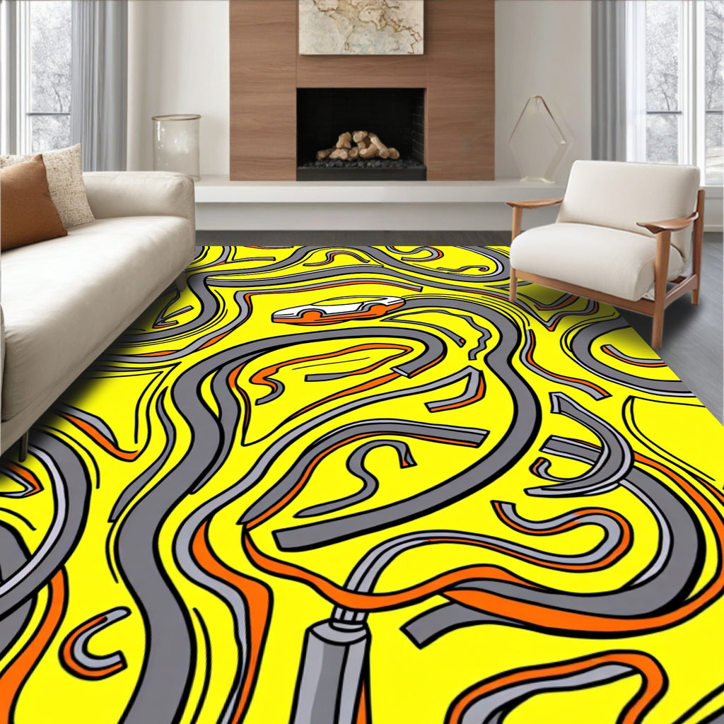 Yellow Abstract Racecar Roadscape Rug
