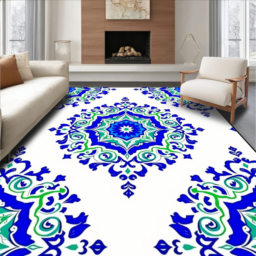 Vivid Blue Green Ornamental Medallion Rug