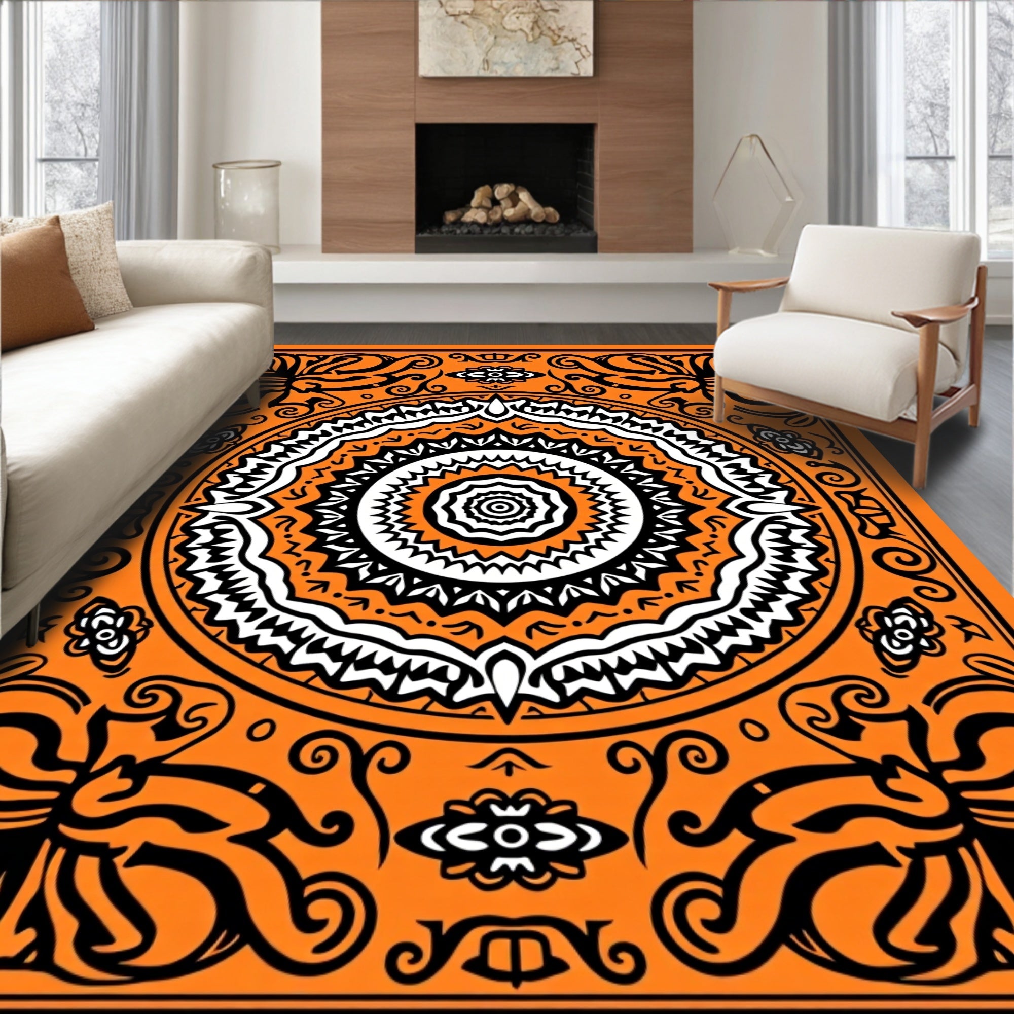 Vibrant Orange Black Mandala Medallion Rug