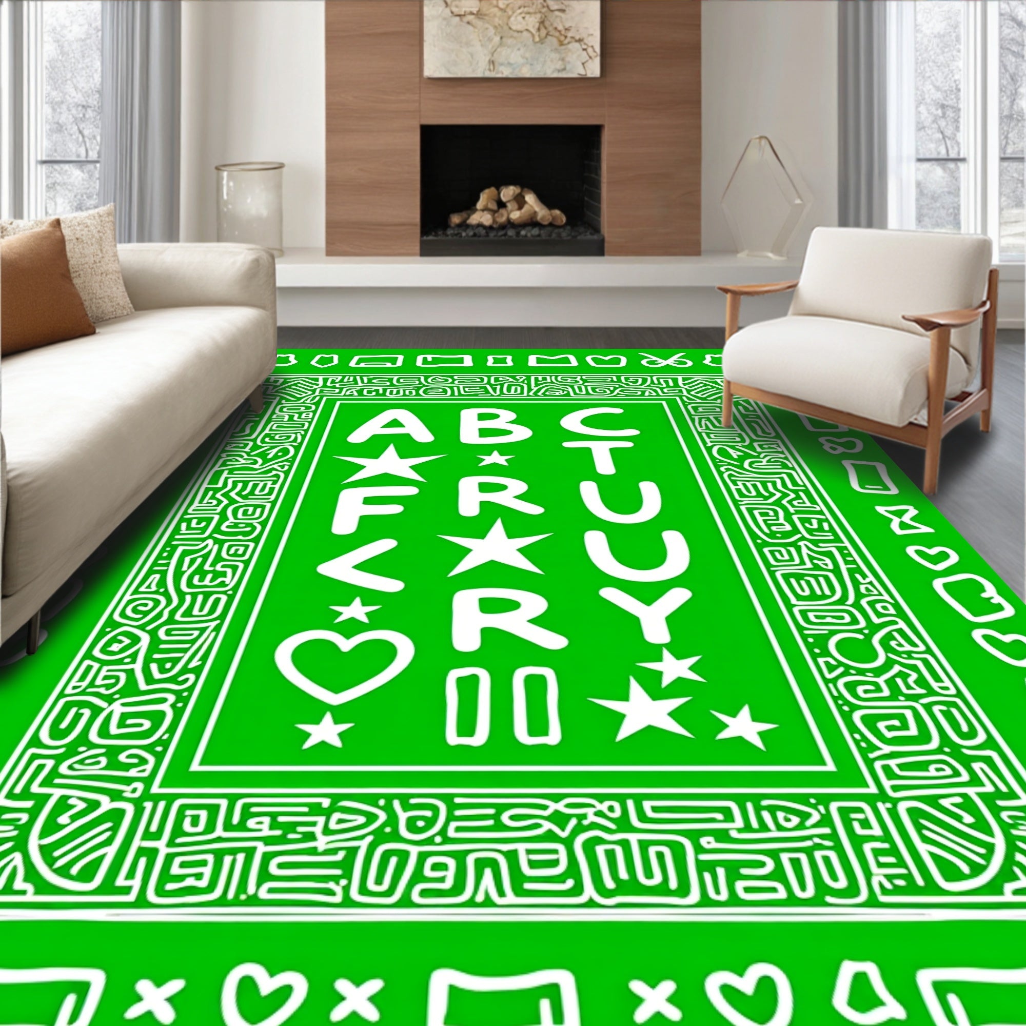 Bold Green Alphabet Border Design Rug