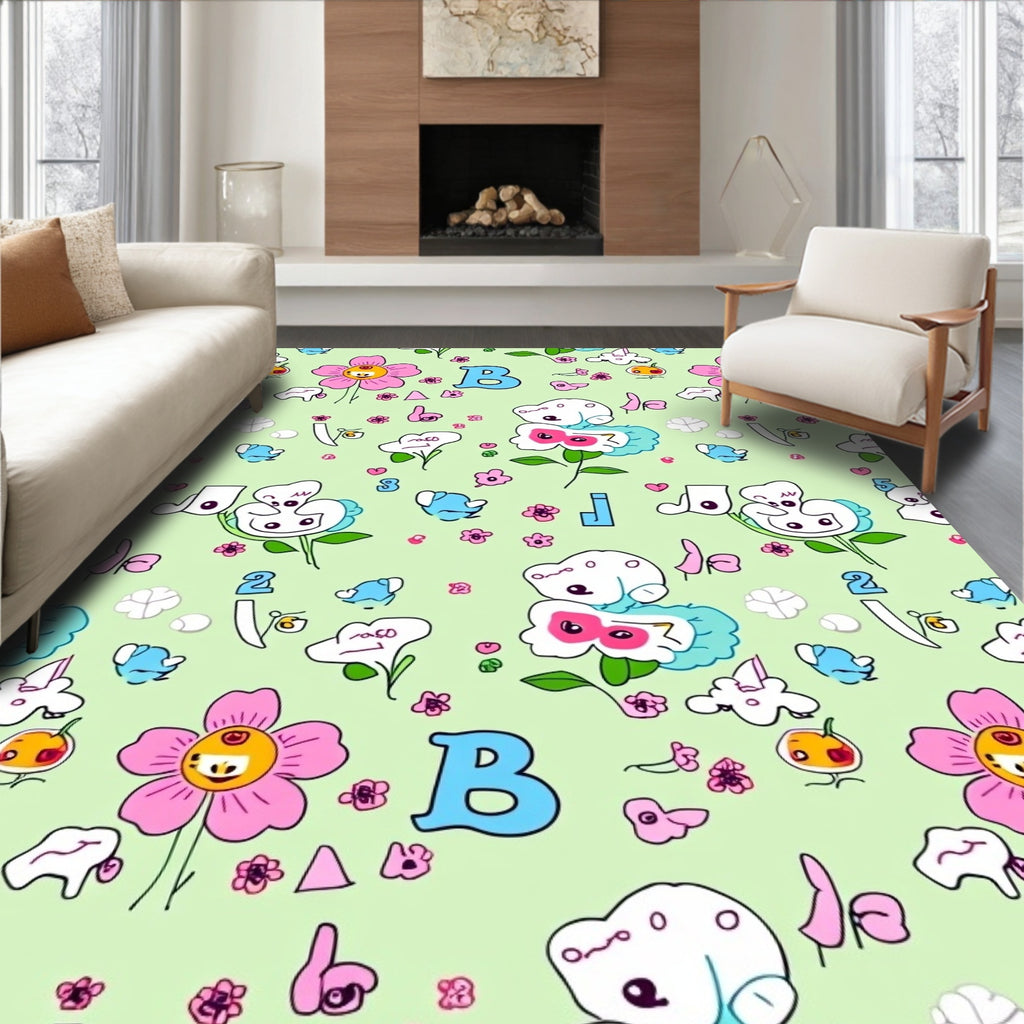 Whimsical Floral Letters Light Green Background Rug