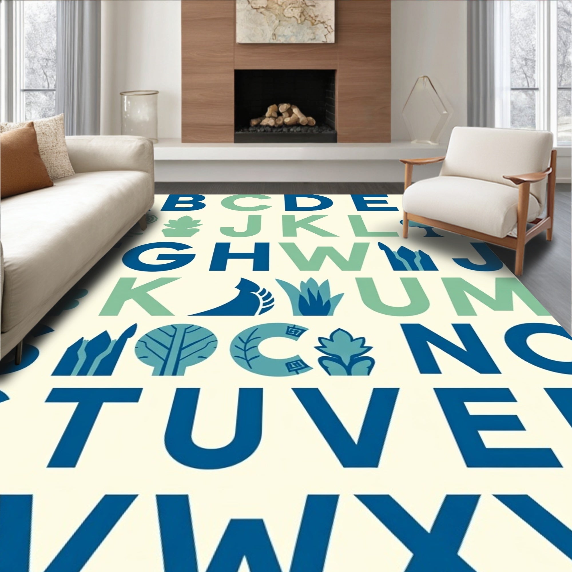 Blue Green Alphabet Nature Motifs Rug