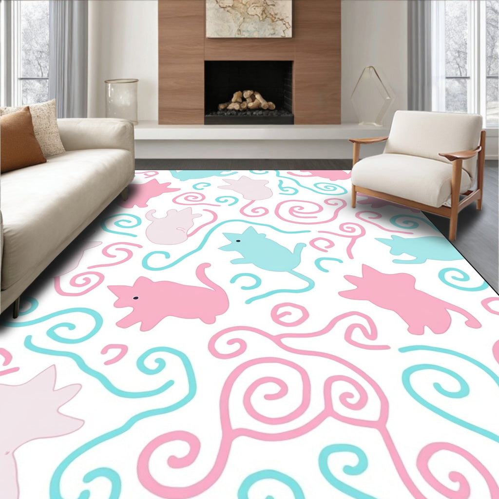 Pastel Pink Blue Whimsical Animal Swirls Rug