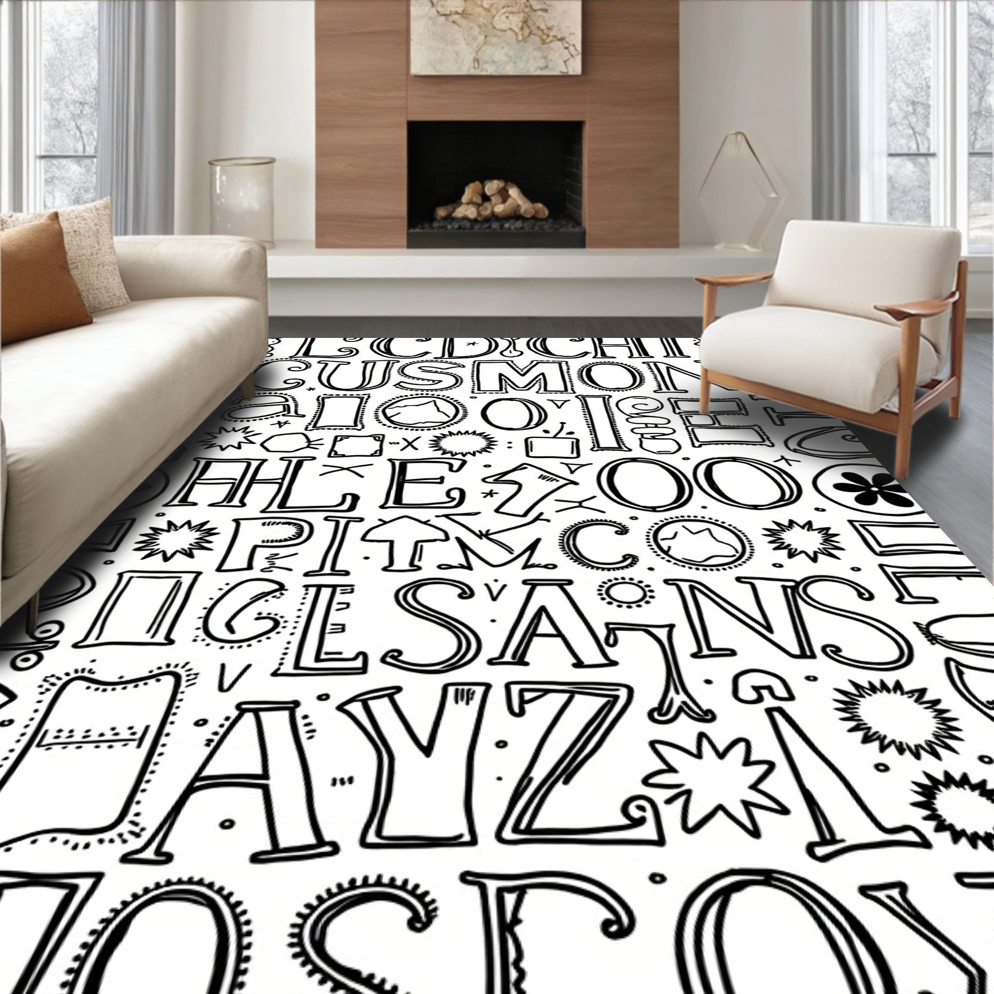 Black White Hand Drawn Alphabet Collage Rug