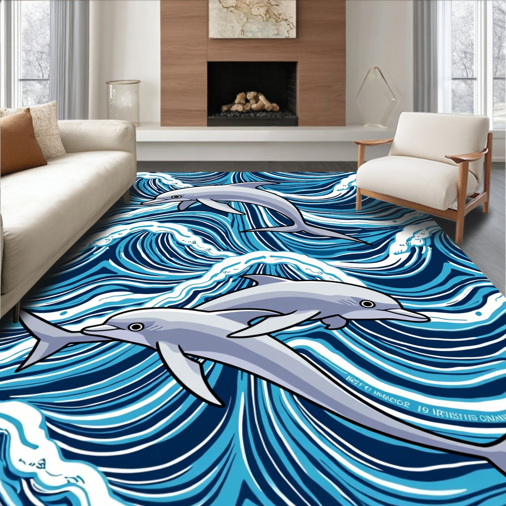 Blue Wave Dolphins Playful Ocean Swirls Rug