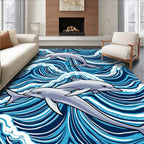 Blue Wave Dolphins Playful Ocean Swirls Rug