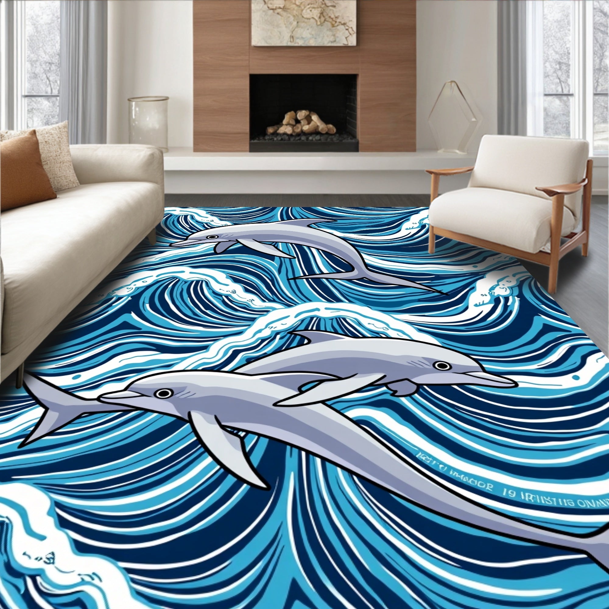 Blue Wave Dolphins Playful Ocean Swirls Rug