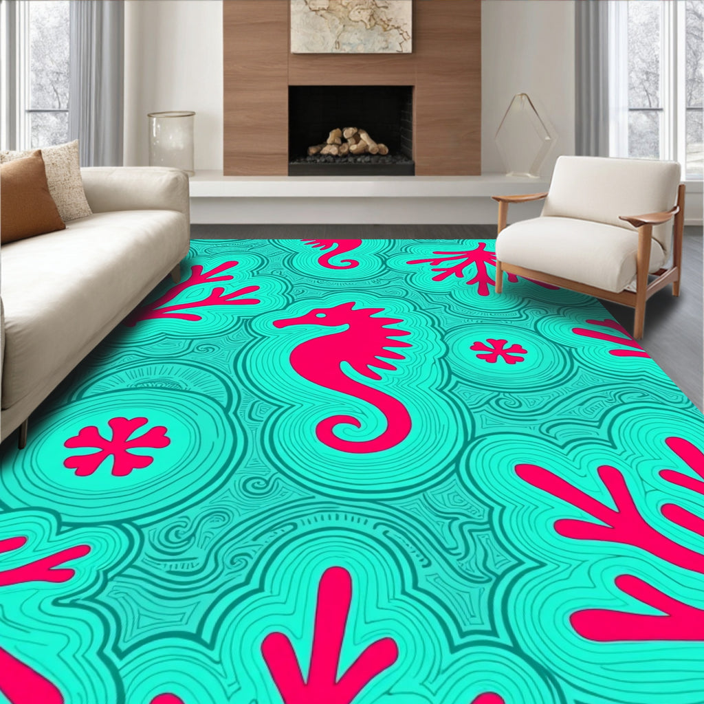Coral Seahorse Turquoise Abstract Rug
