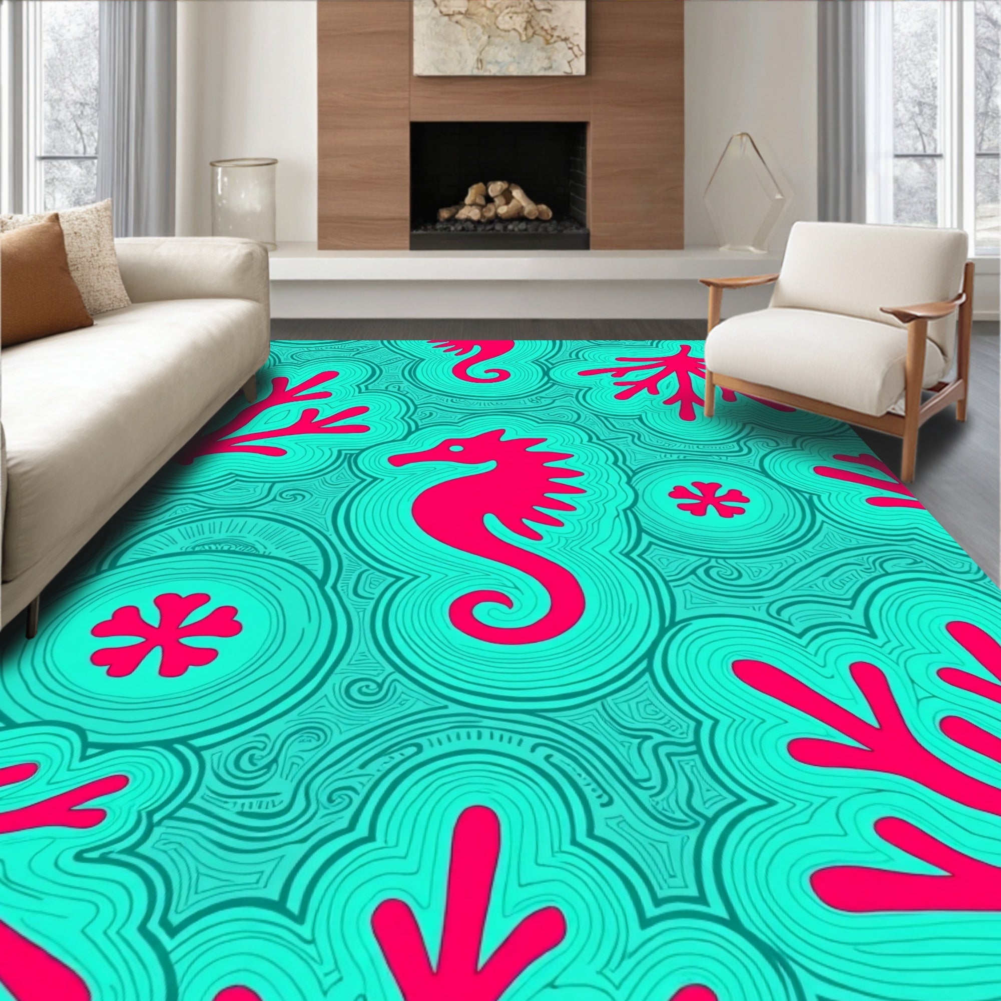 Coral Seahorse Turquoise Abstract Rug