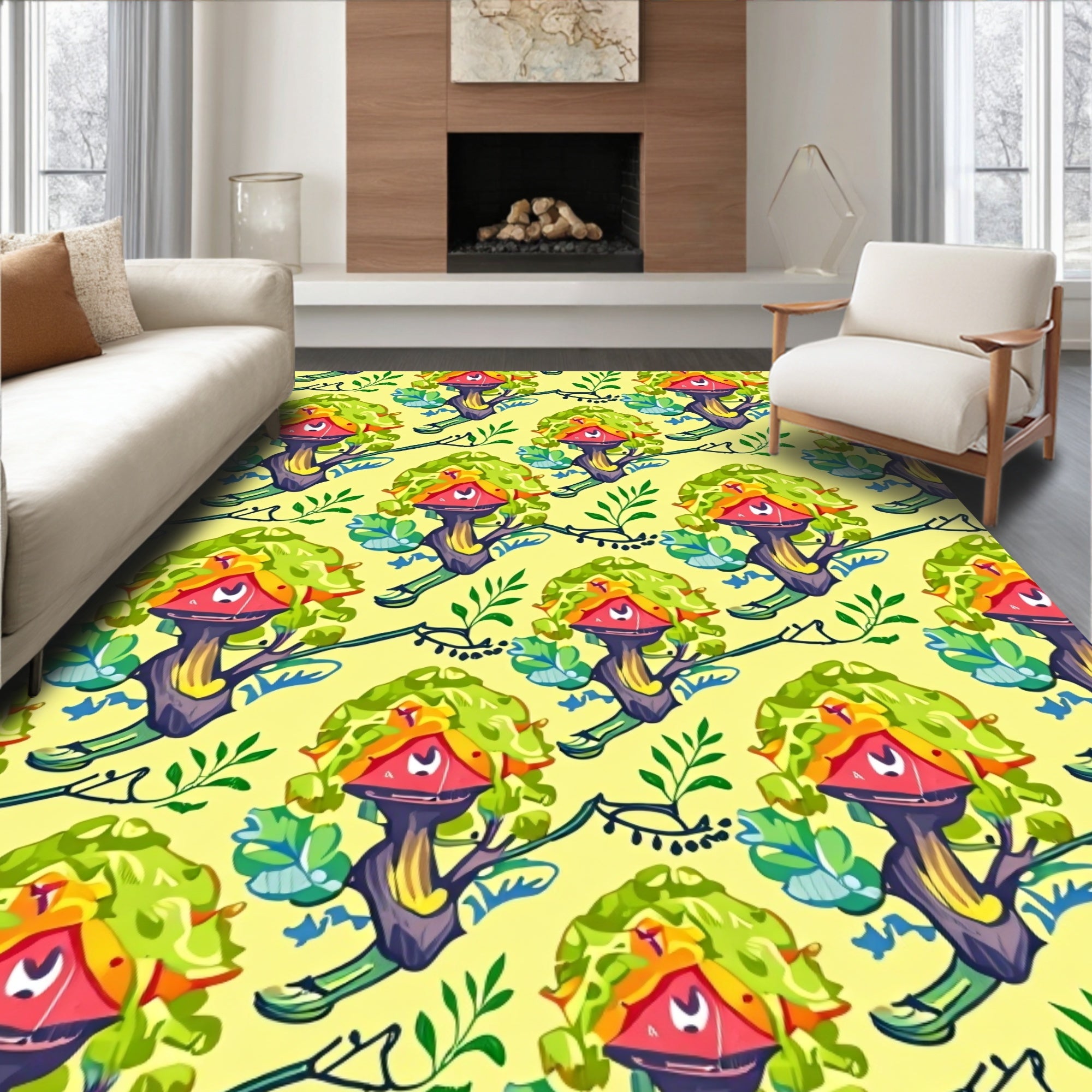 Whimsical Cartoon Treehouse Scarlet Roof Rug