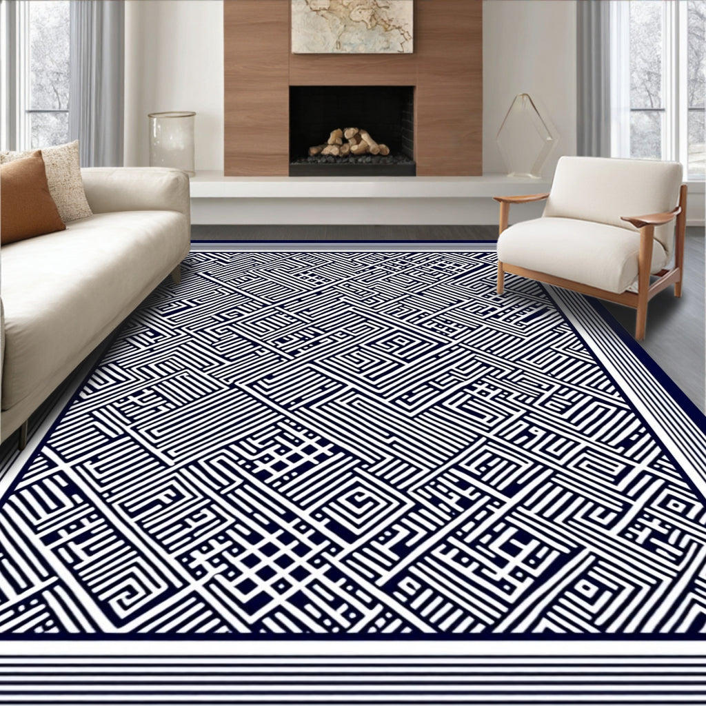 Navy White Geometric Labyrinth Border Rug