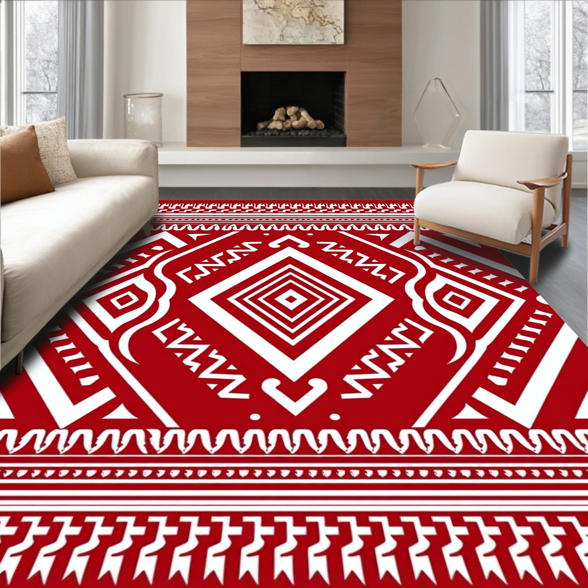 Bold Crimson Geometric Diamond Motif Rug