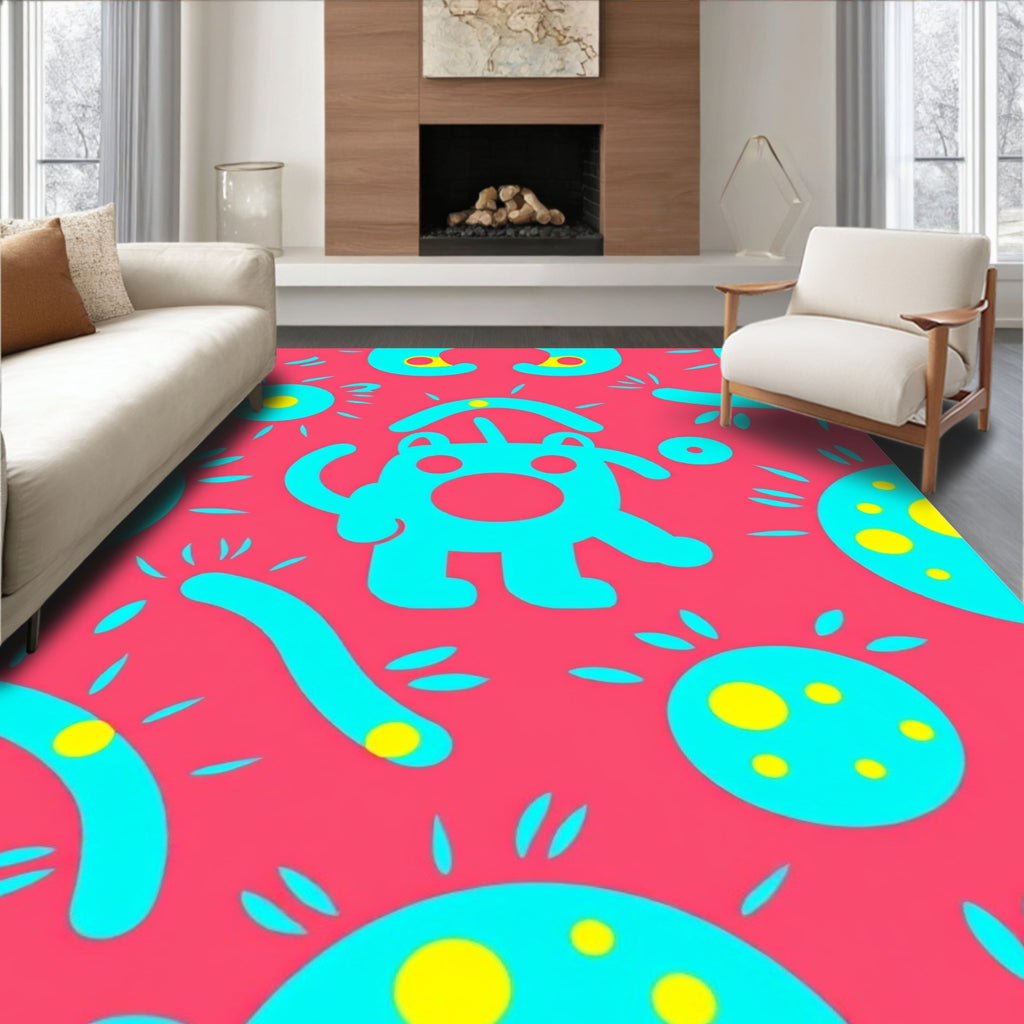 Whimsical Blue Creature Yellow Dot Rug