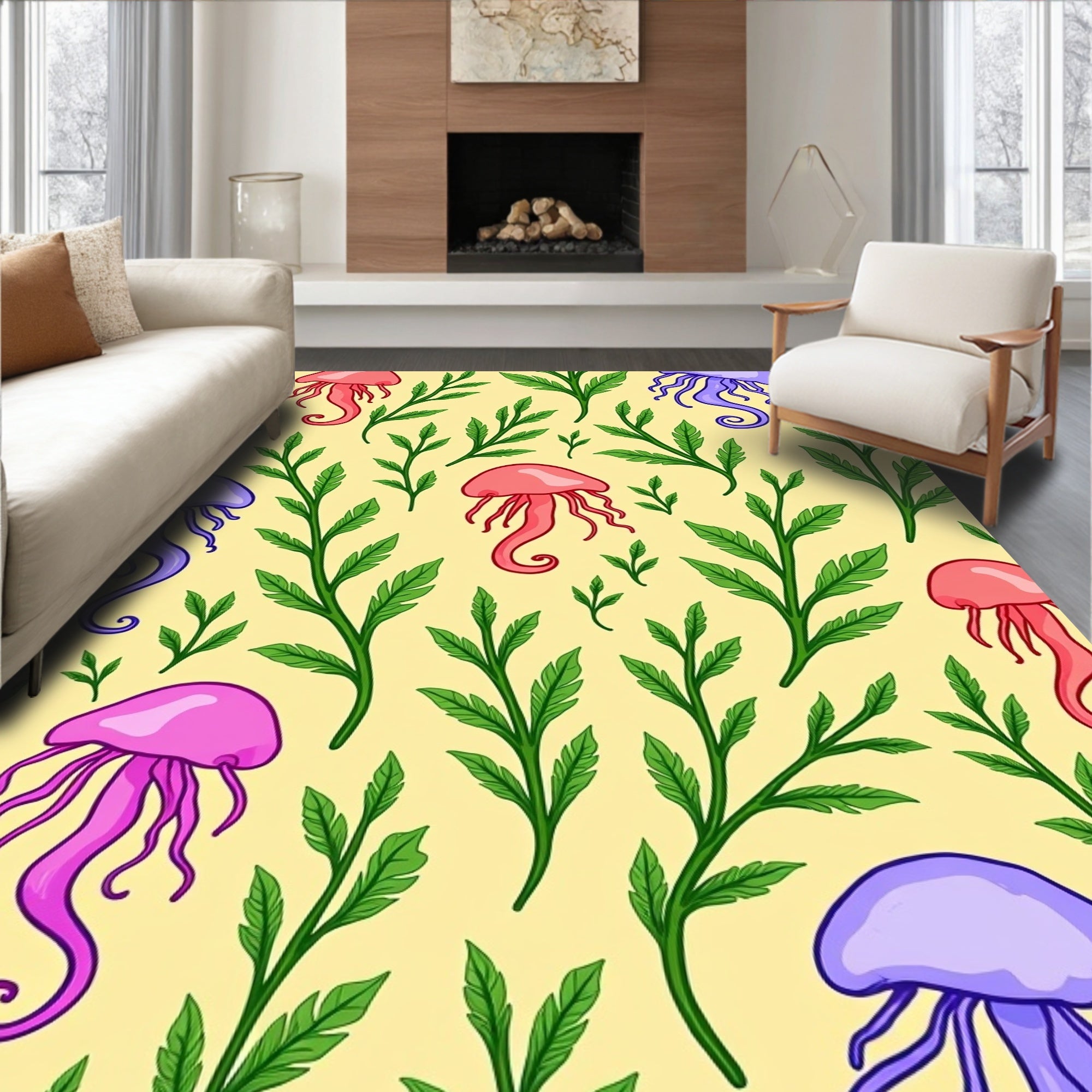 Whimsical Purple Pink Jellyfish Kelp Garden Rug
