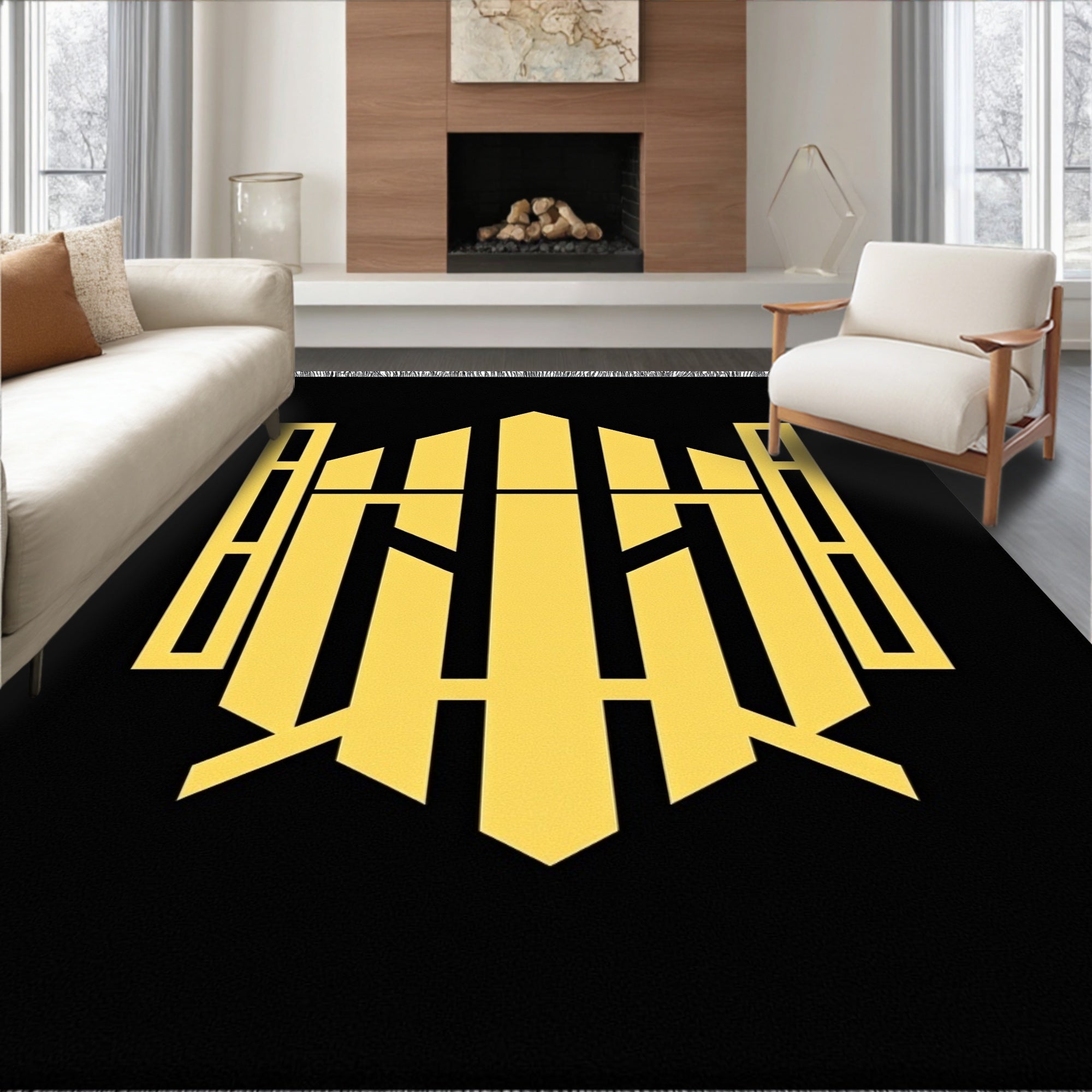 Bold Yellow Geometric Emblem Black Rug