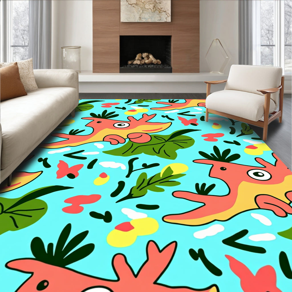 Playful Orange Creature Aqua Tropical Rug