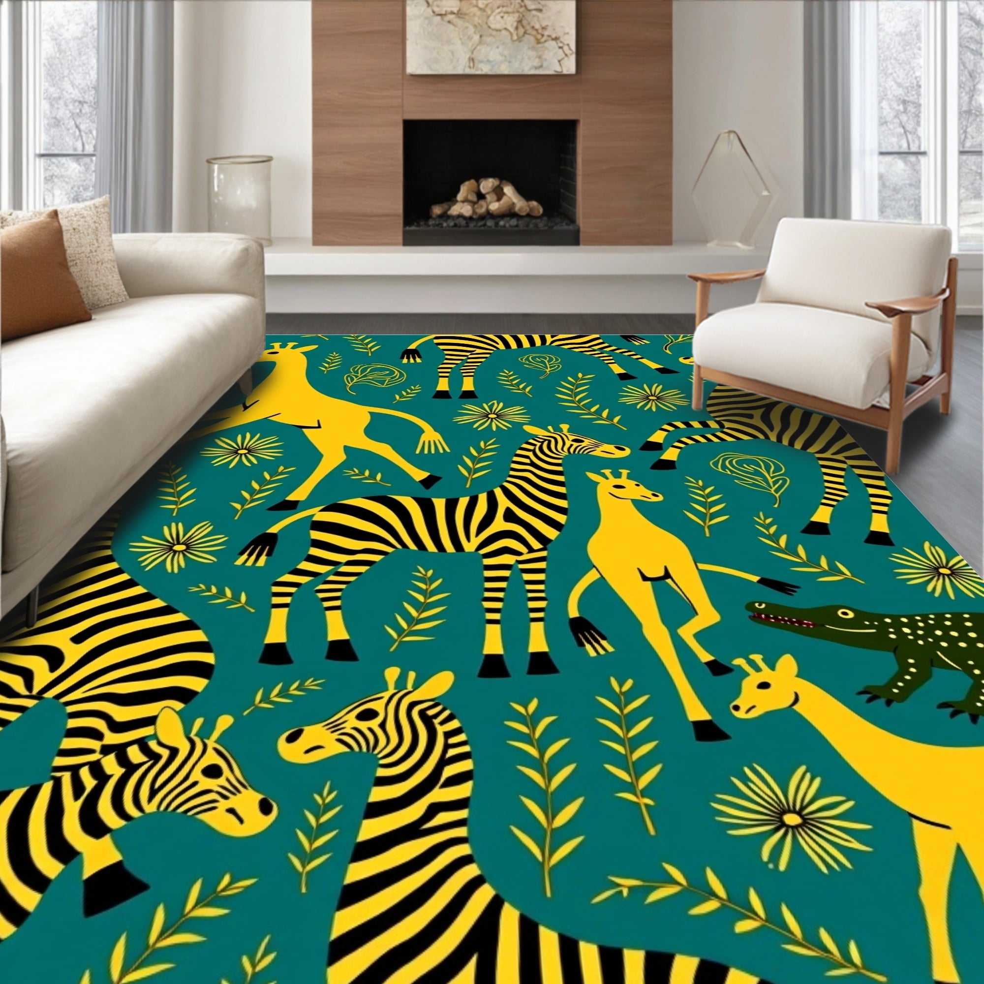 Vibrant Yellow Safari Animals Floral Rug