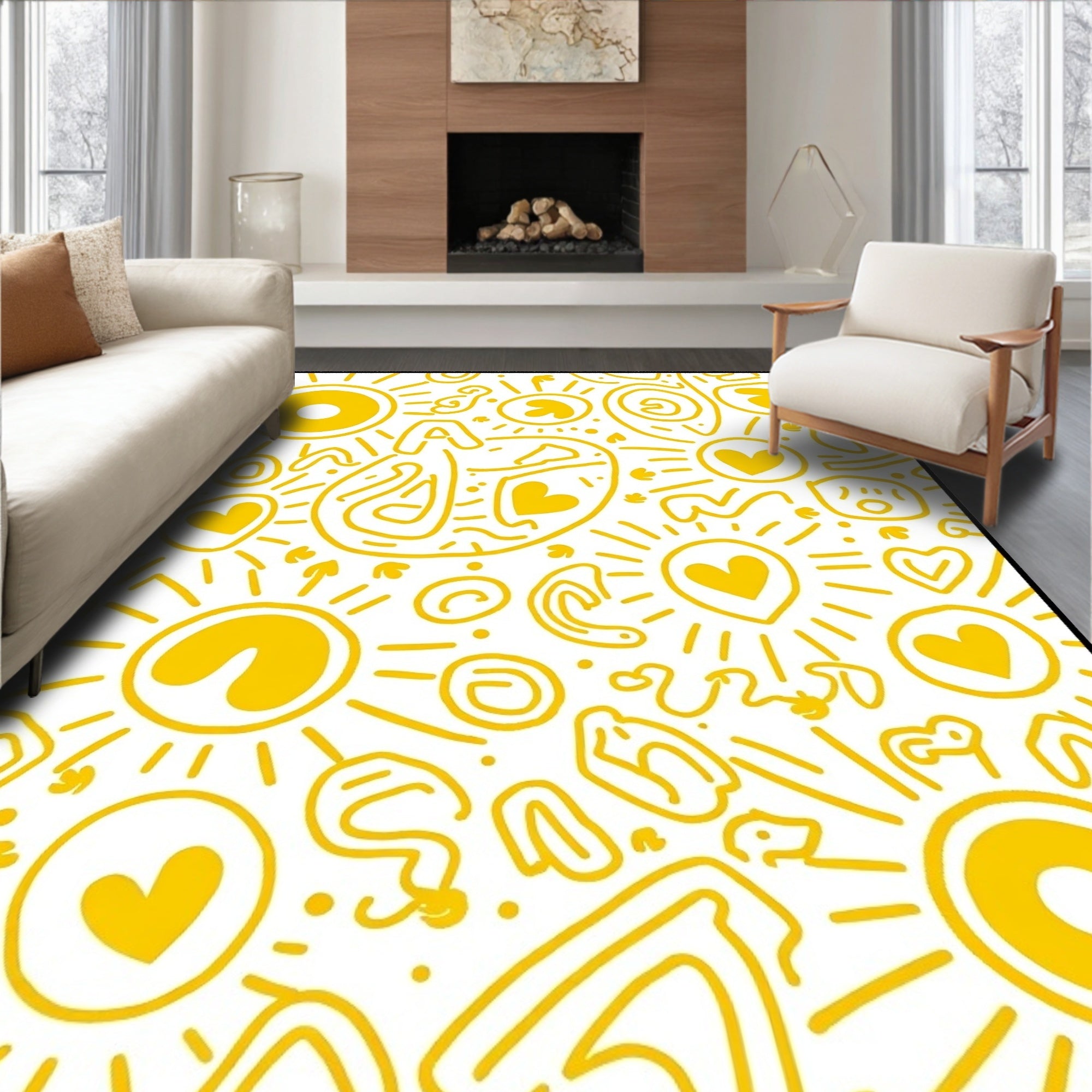 Radiant Yellow Sun Hearts Doodles Rug