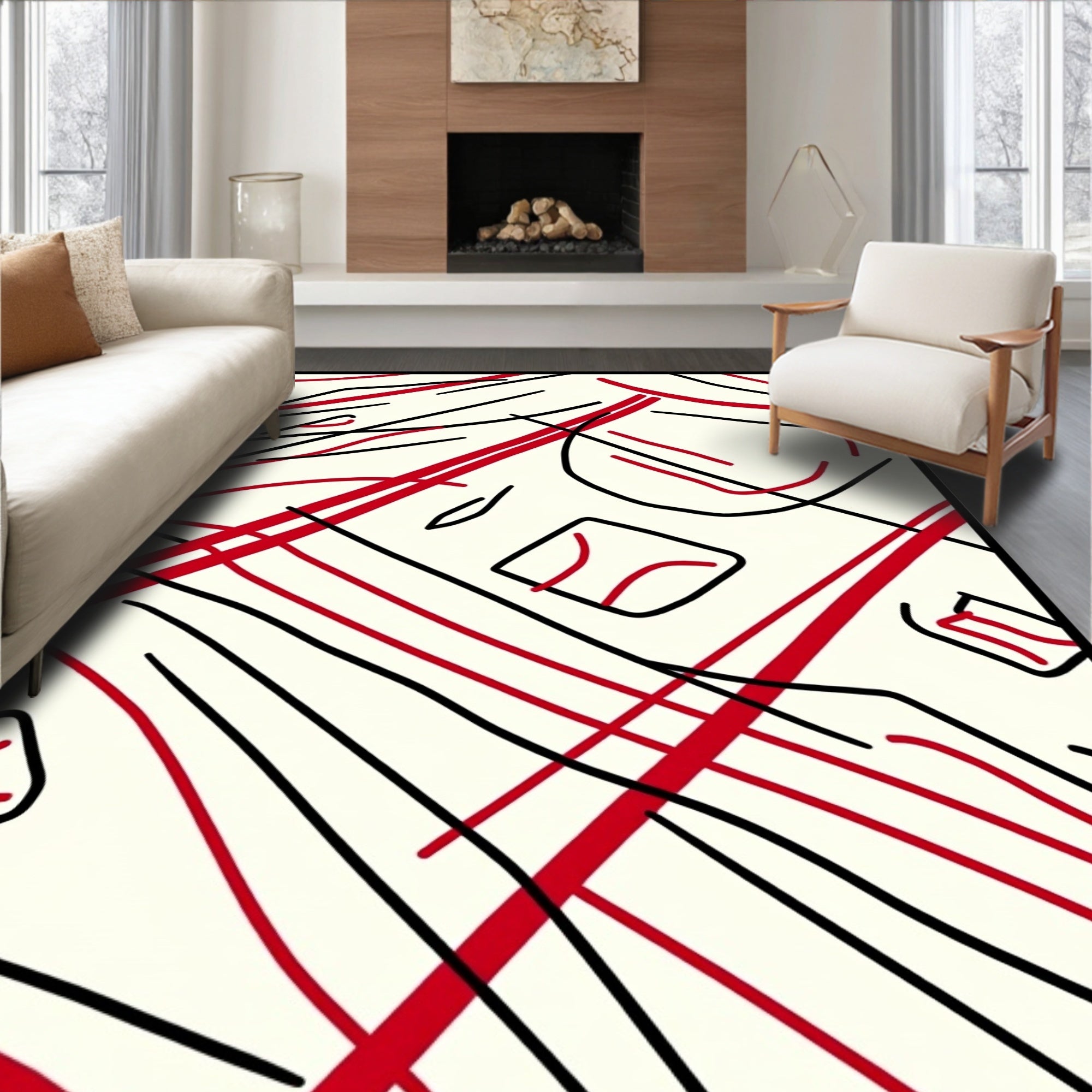 Red Black Abstract Scribble Lines Rug