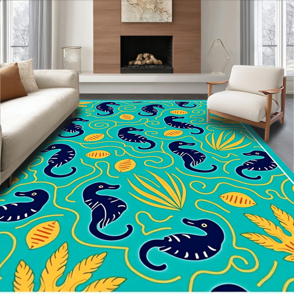 Navy Seahorse Aqua Floral Whimsical Rug