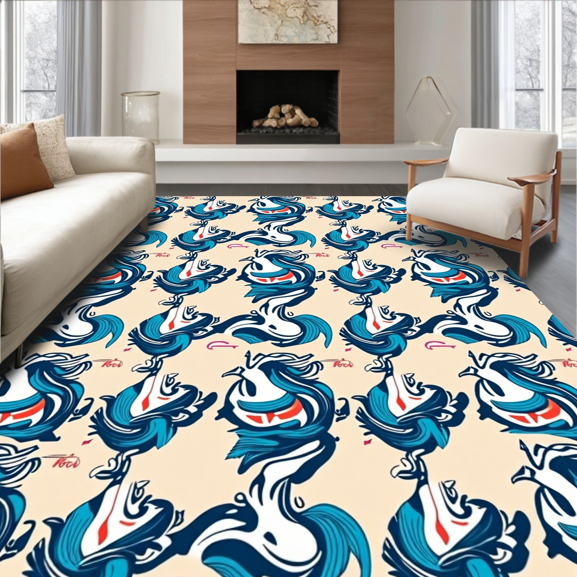 Dynamic Blue Red Bird Swirl Arrangement Rug