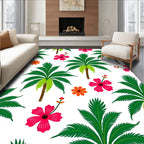 Vibrant Pink Hibiscus Green Palm Trees Rug