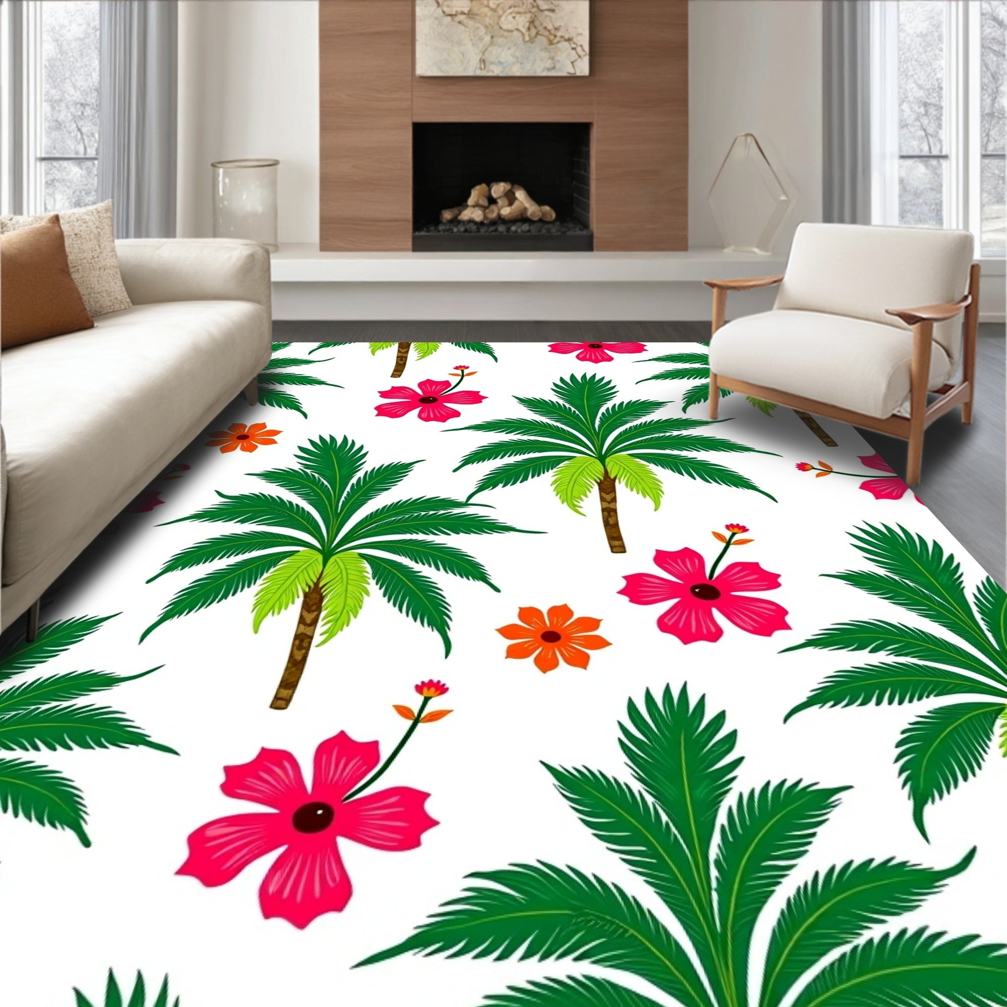 Vibrant Pink Hibiscus Green Palm Trees Rug