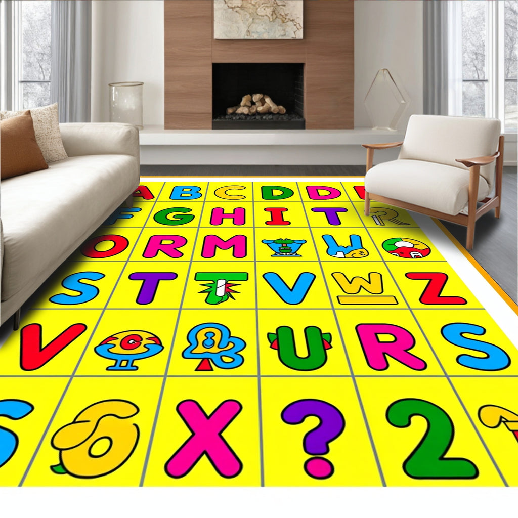 Bright Alphabet Grid with Cartoon Accents Rug