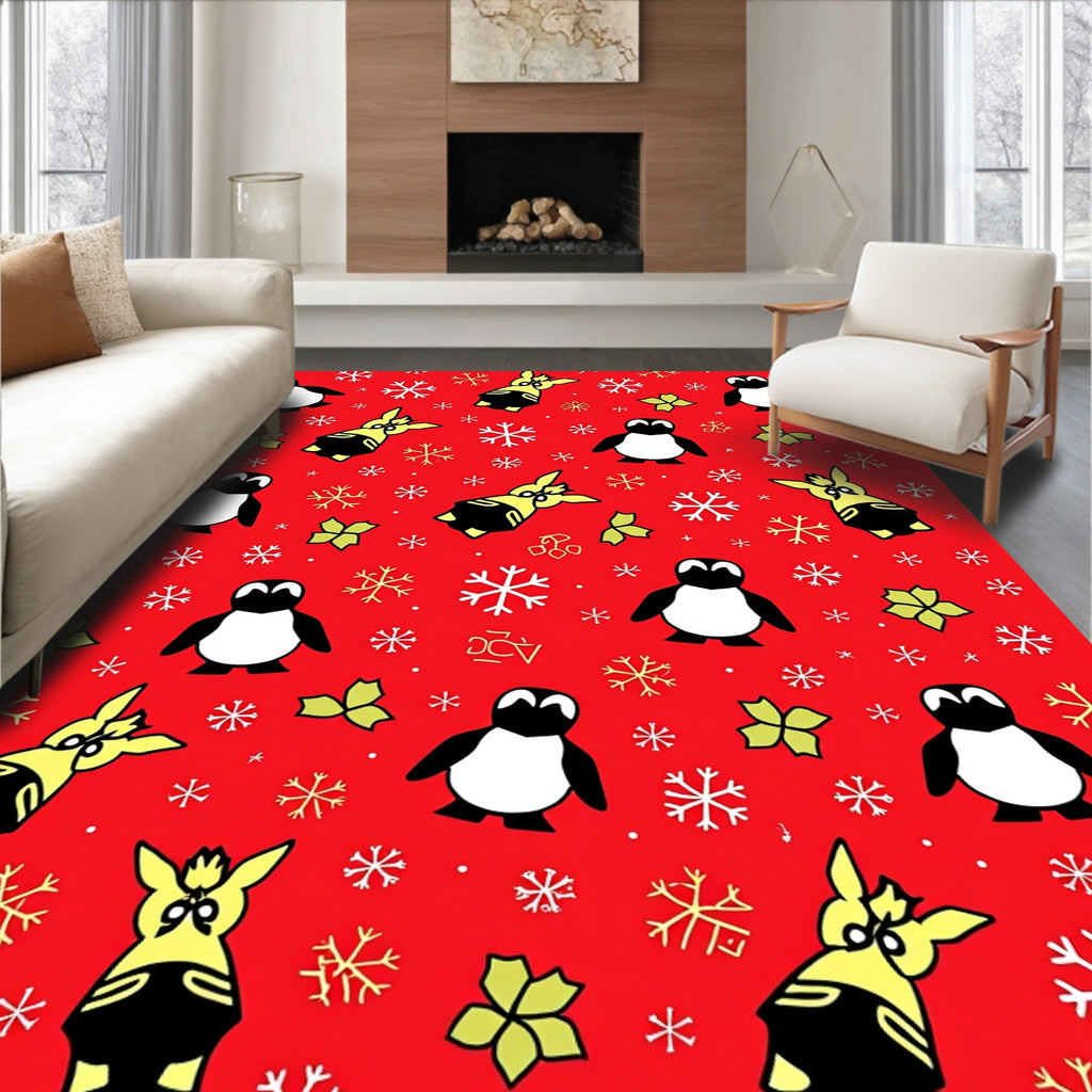 Whimsical Penguin Snowflakes Red Rug