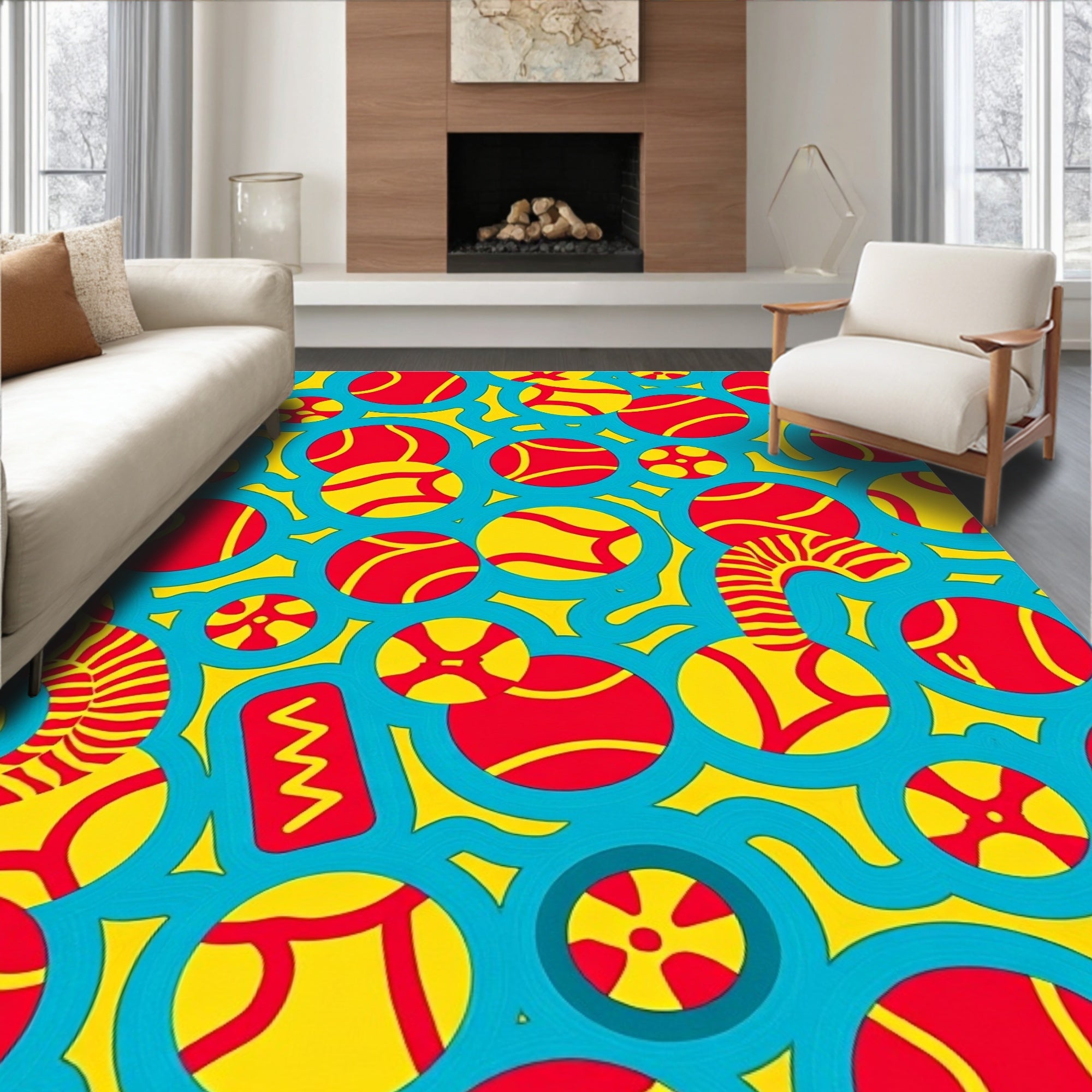Retro Red Yellow Circles Teal Wave Rug