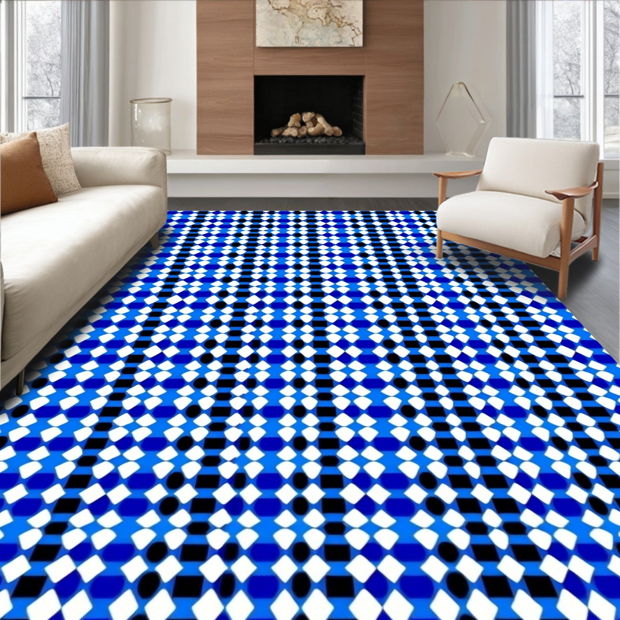 Vibrant Blue White Black Diamond Weave Rug