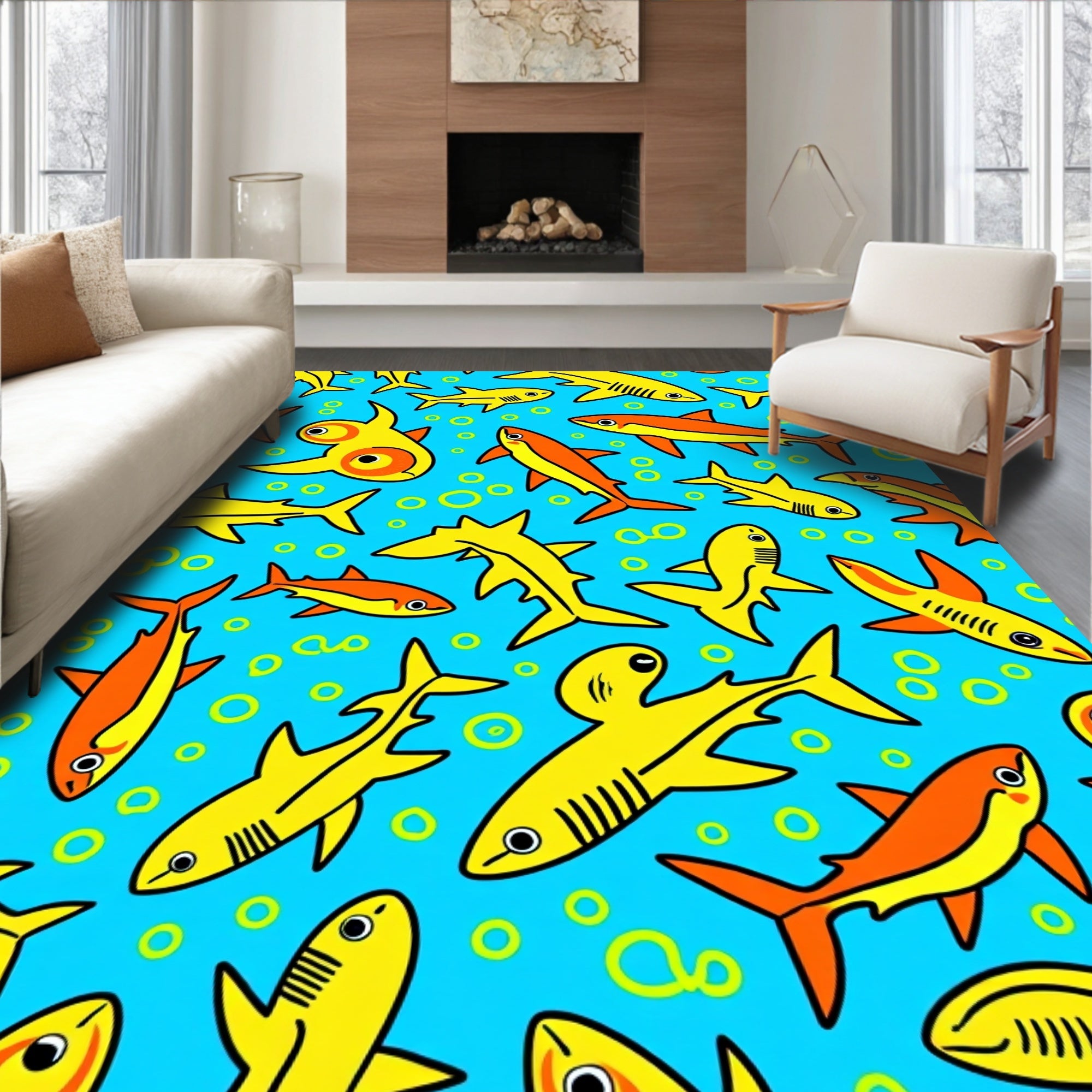 Bright Yellow Orange Ocean Sharks Rug