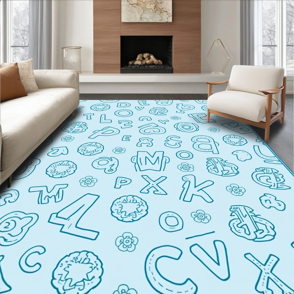 Whimsical Blue Alphabet Collage Rug
