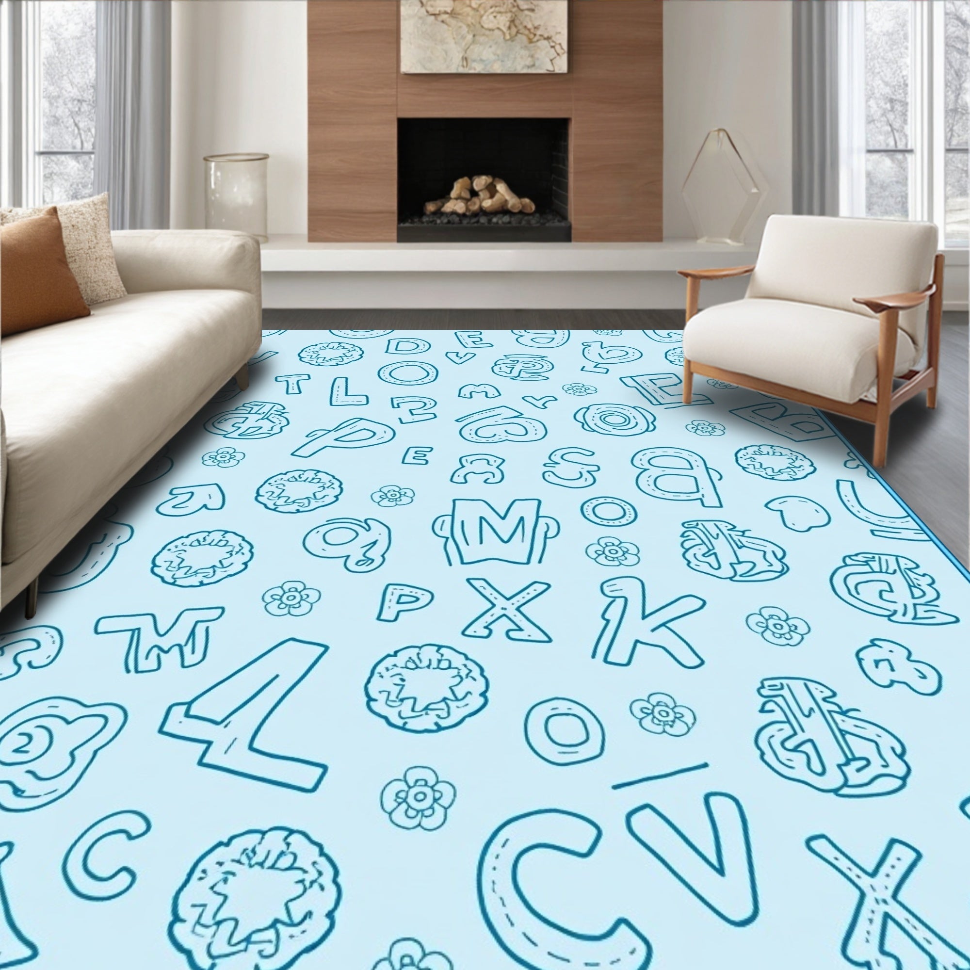 Whimsical Blue Alphabet Collage Rug