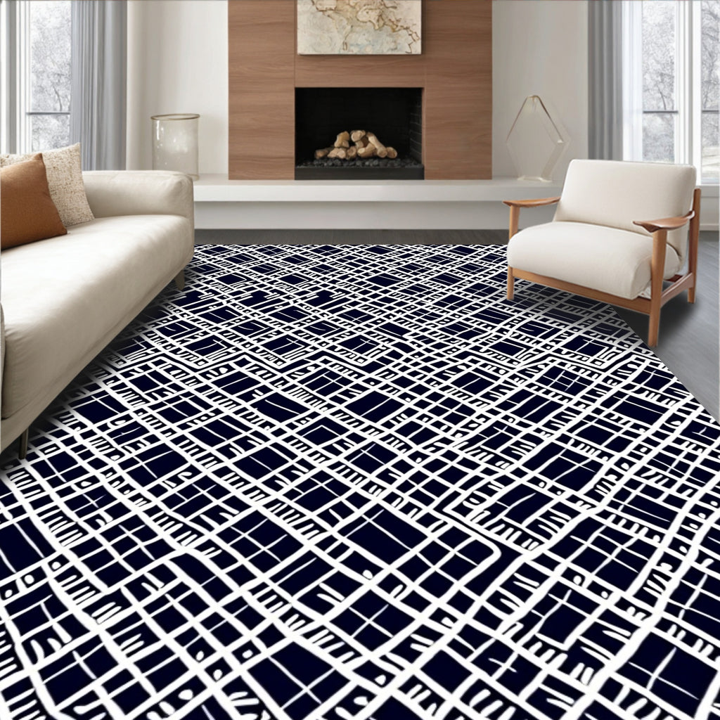 Navy White Interlocking Grid Rug