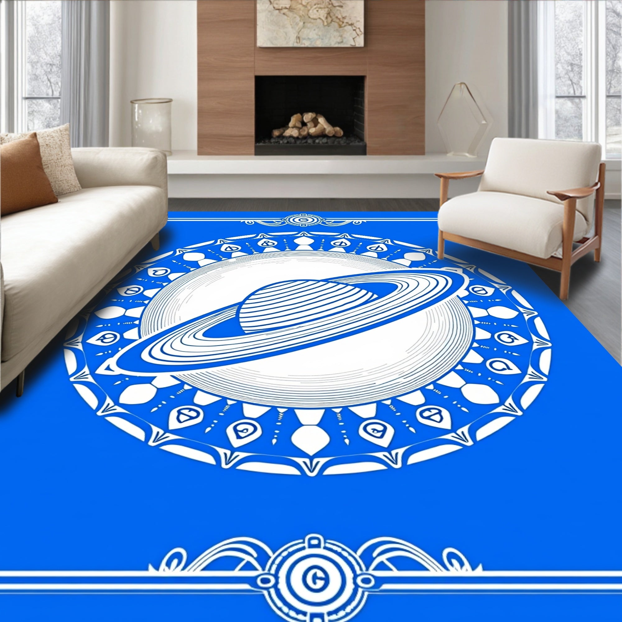 Deep Blue Saturn Ring Mandala Rug