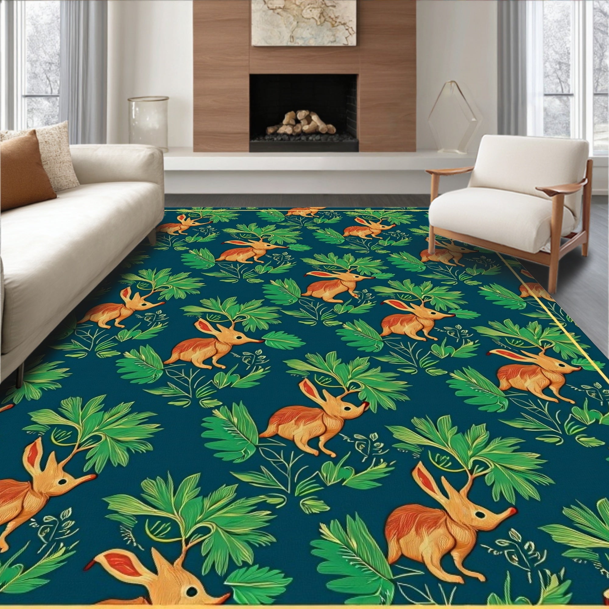 Whimsical Brown Rabbit Emerald Garden Rug