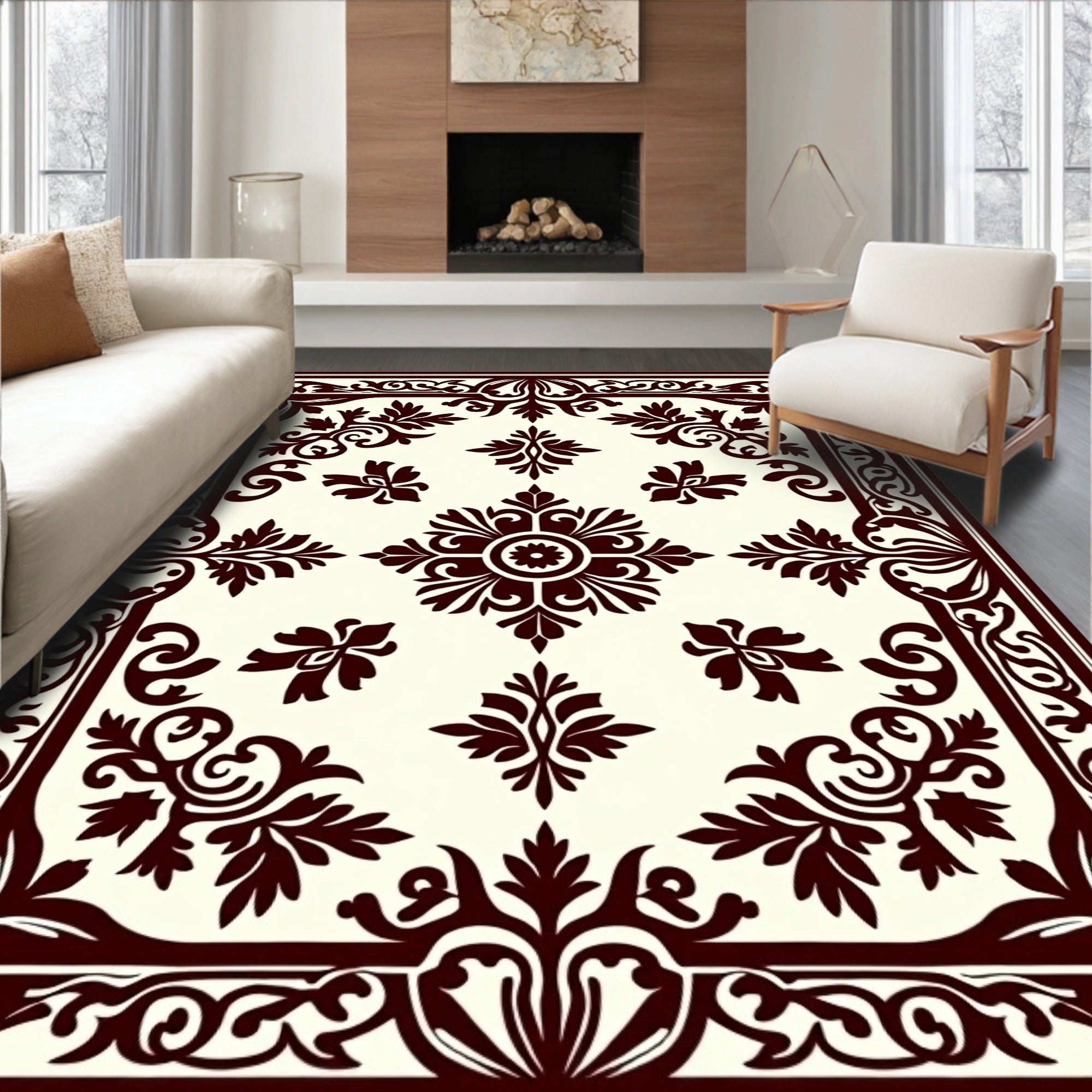 Classic Burgundy Floral Medallion Border Rug
