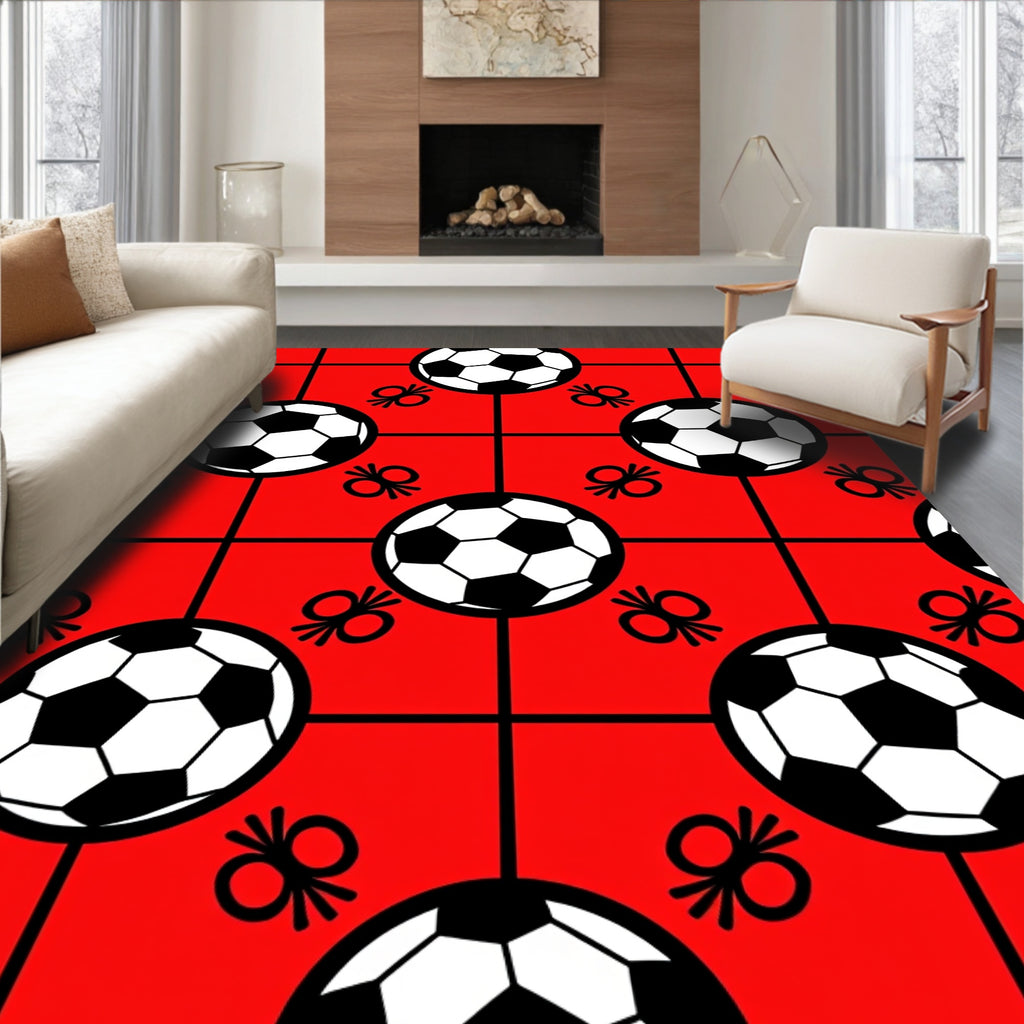 Red Black White Soccer Ball Grid Rug