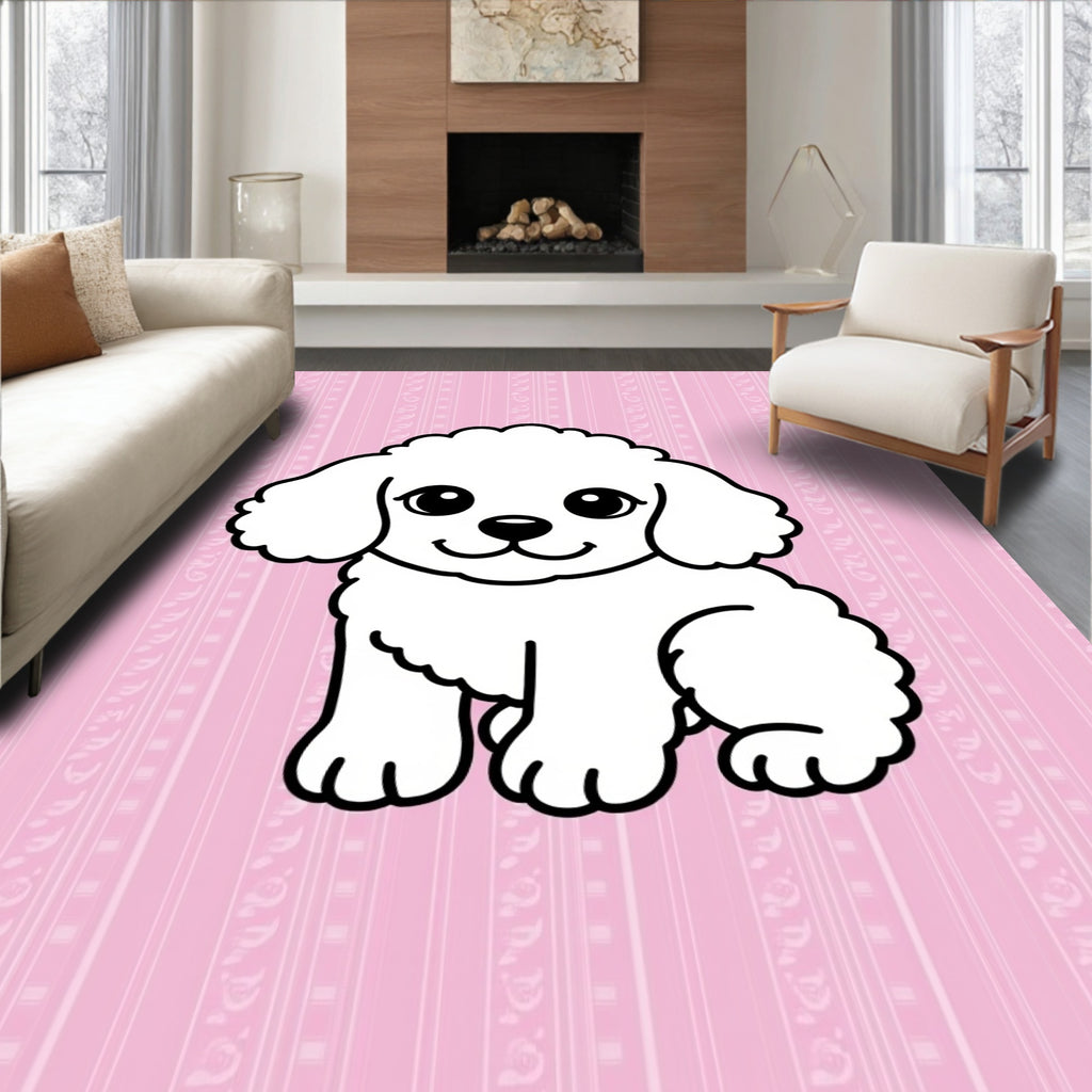 Cute White Puppy Pink Striped Background Rug