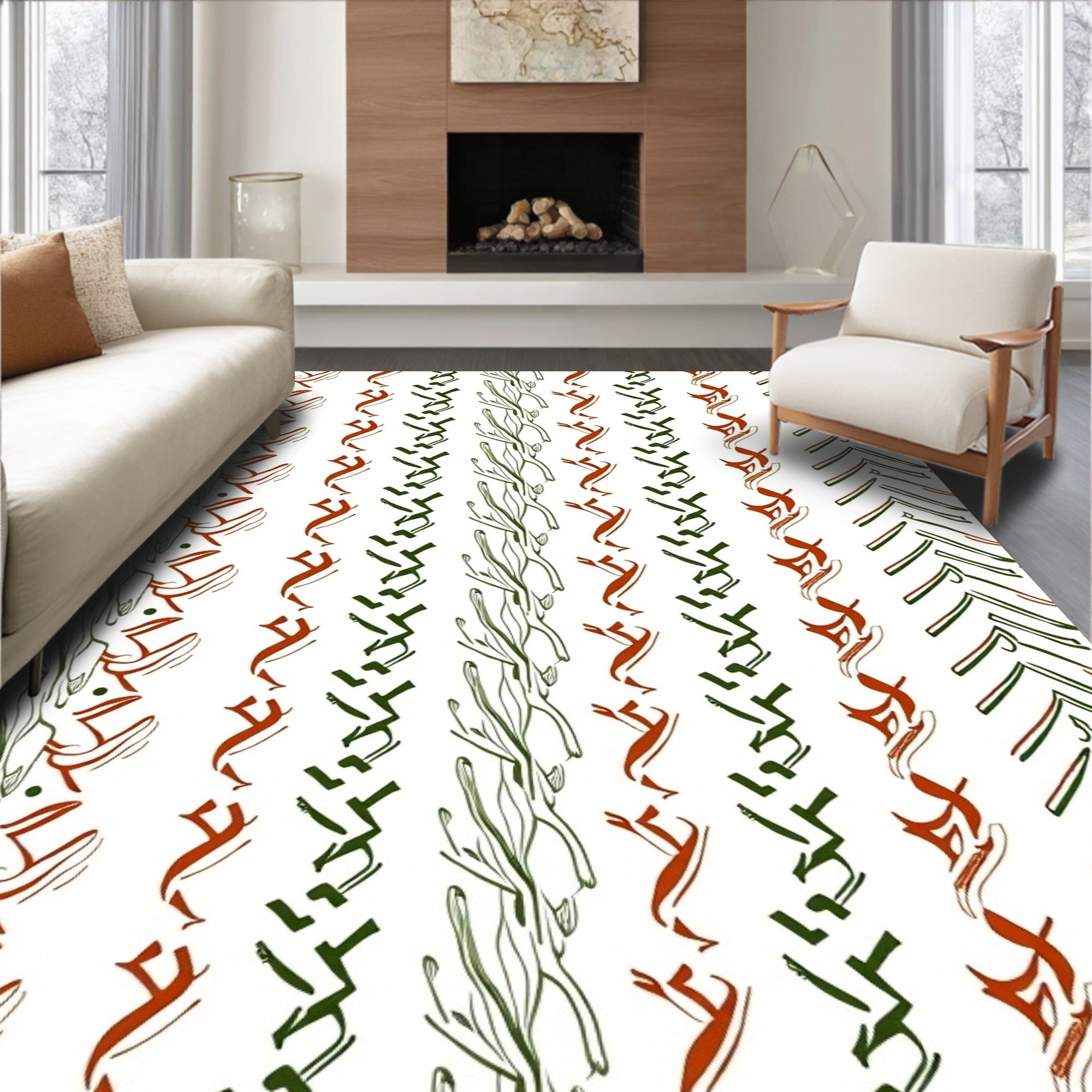 Rustic Green Red Botanical Stripe Rug