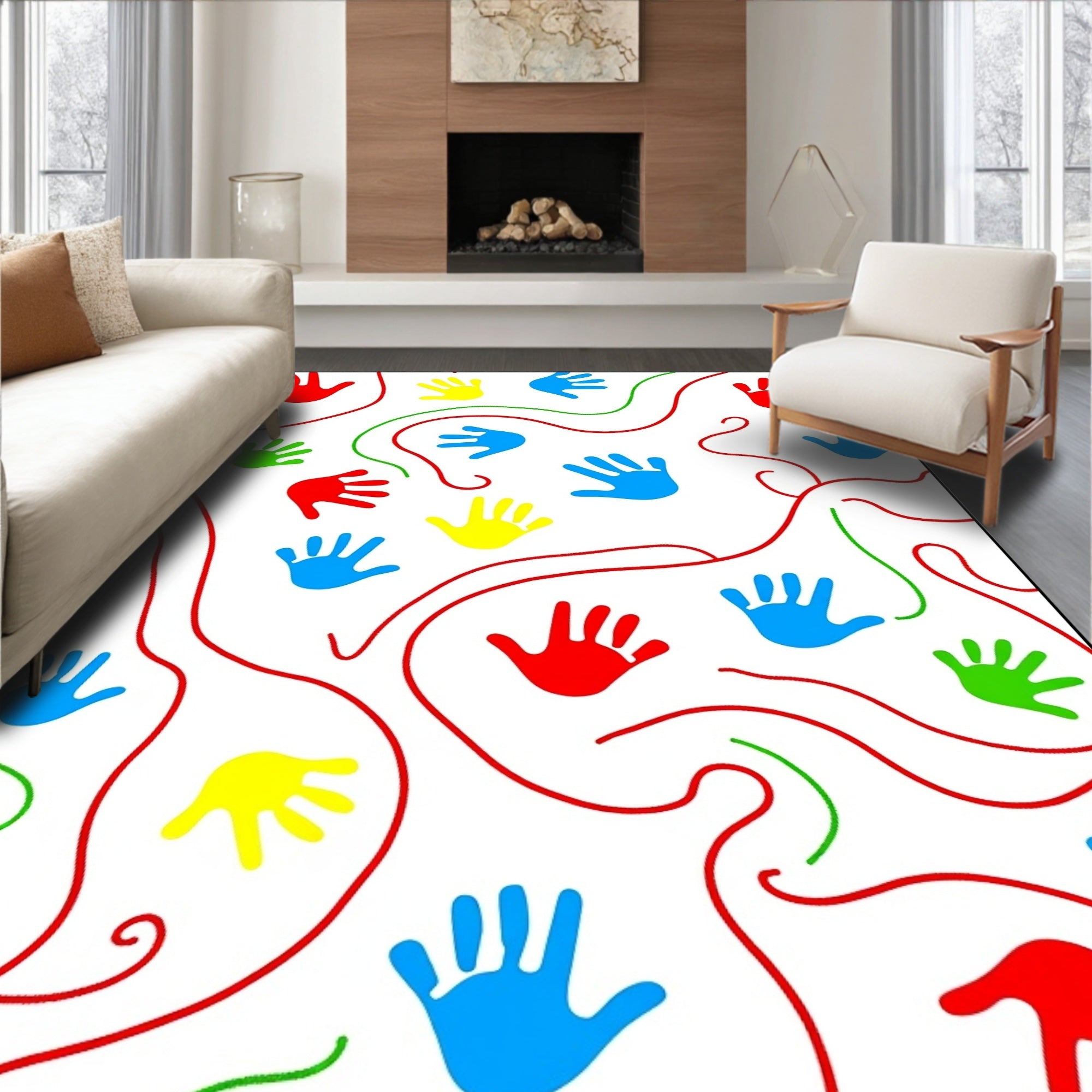 Colorful Handprint Swirls Red Blue Yellow Rug