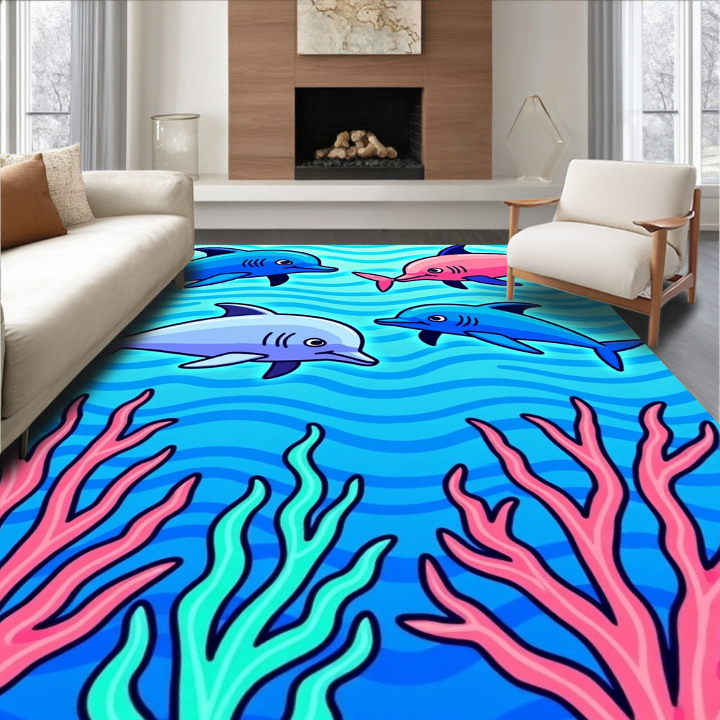 Playful Dolphins and Coral Reef Rug