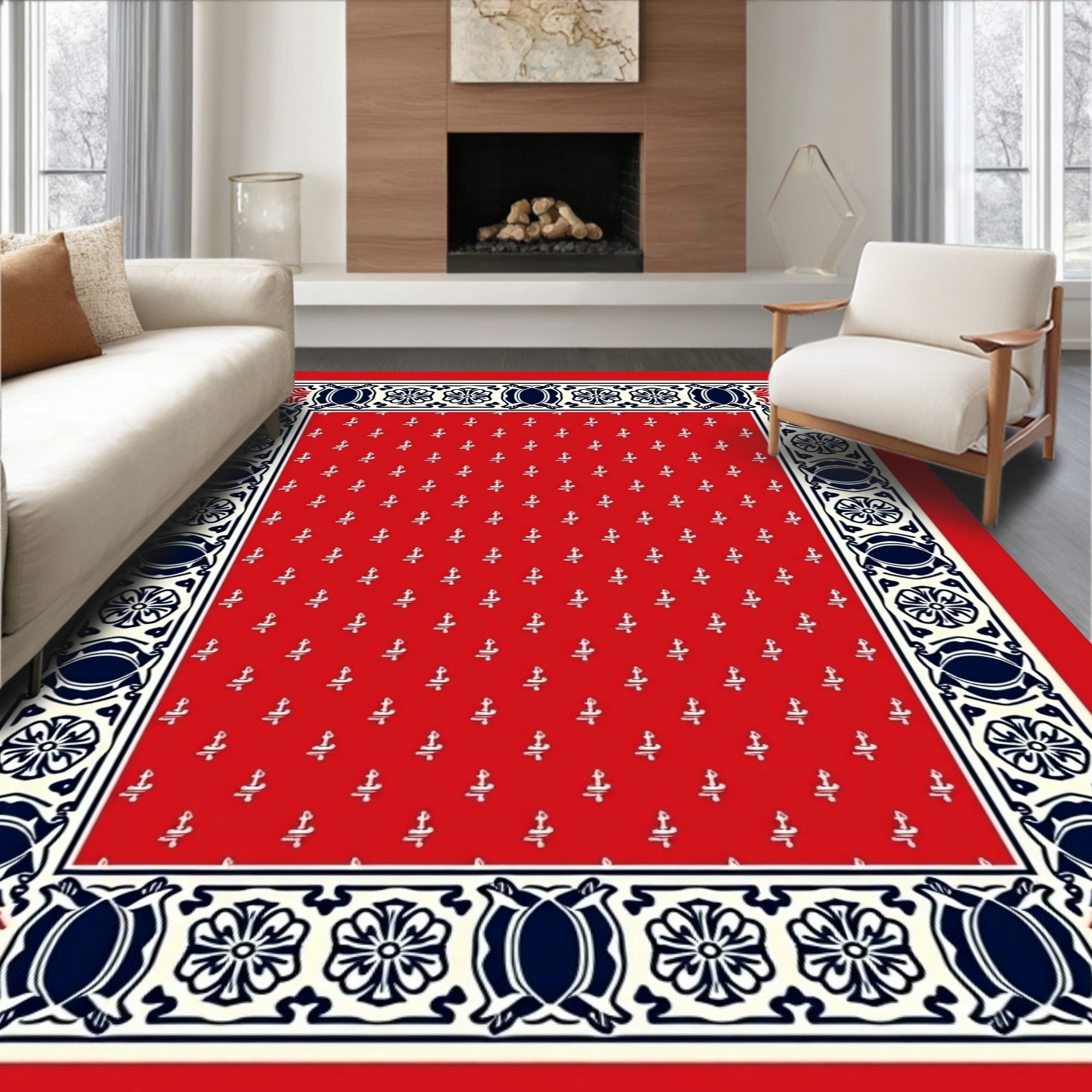 Red White Blue Ornamental Border Rug
