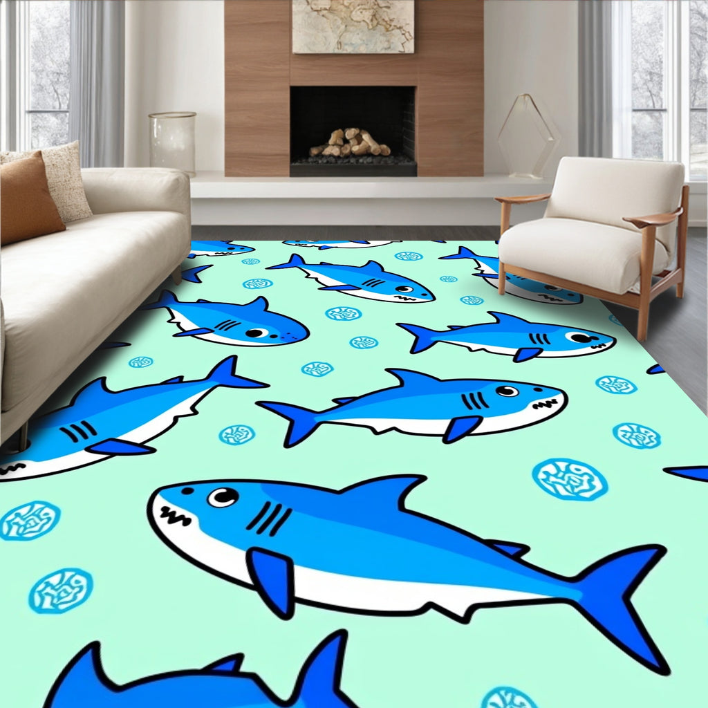 Cute Blue Whimsical Sharks Ocean Rug