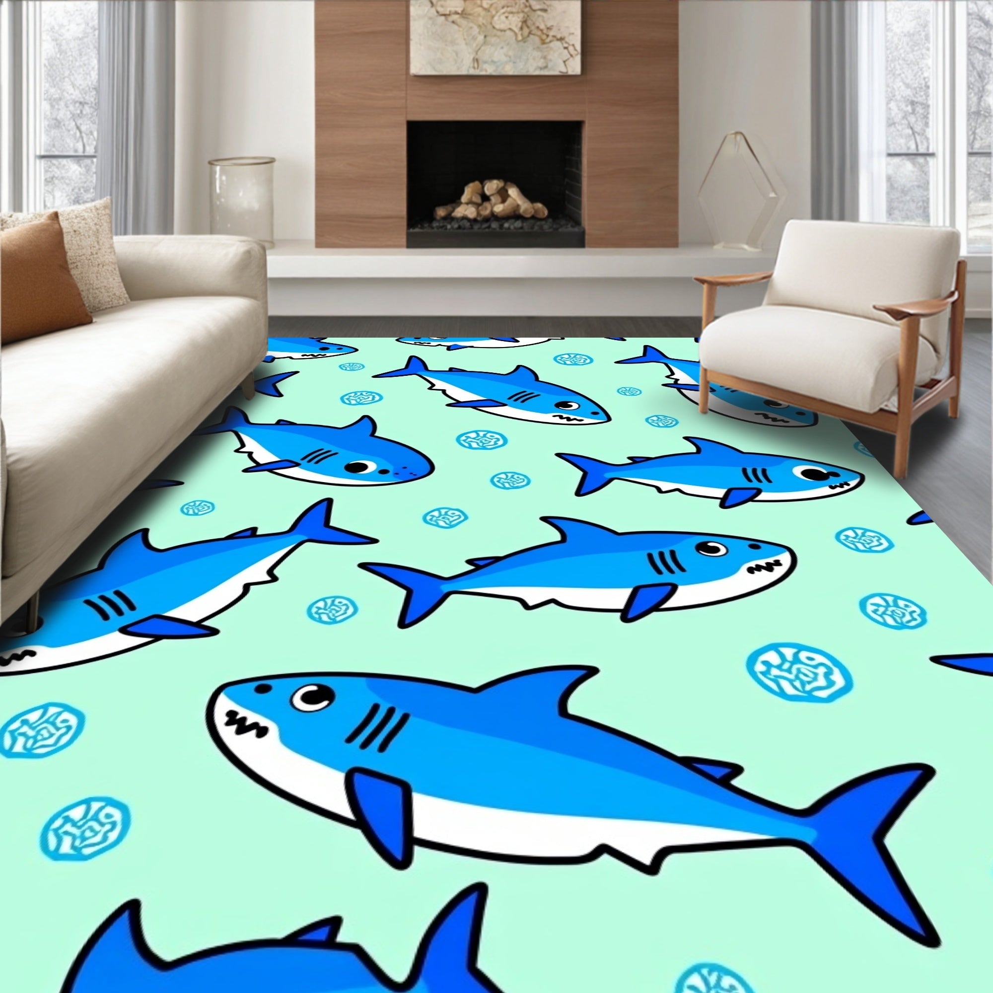 Cute Blue Whimsical Sharks Ocean Rug