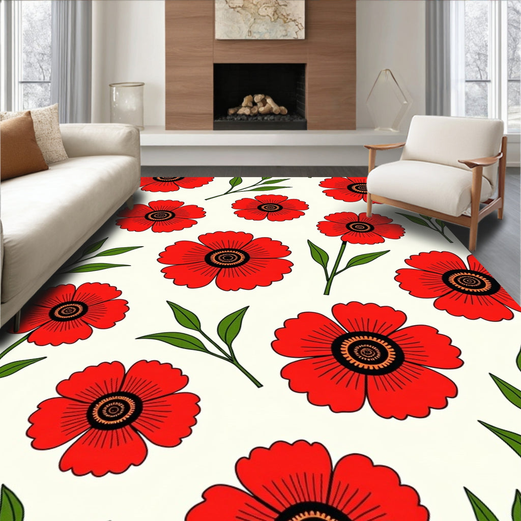 Bold Red Floral Blossom Art Rug