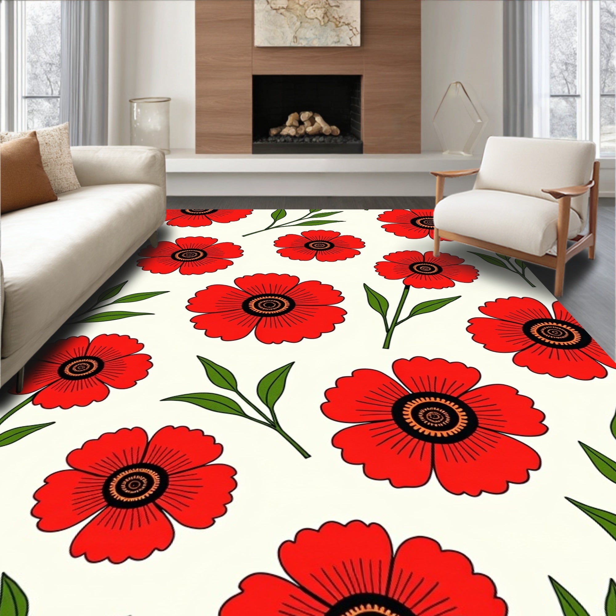 Bold Red Floral Blossom Art Rug
